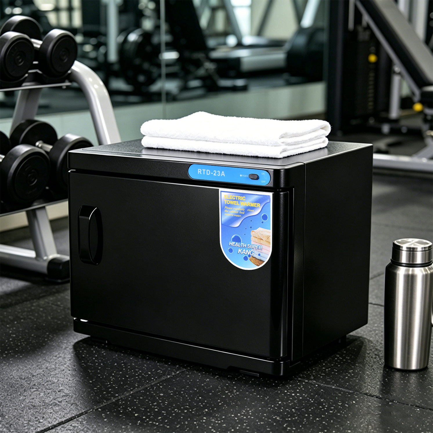 Ein schwarzer Handtuchwärmer steht auf einem Fitnessstudioboden neben Hanteln.