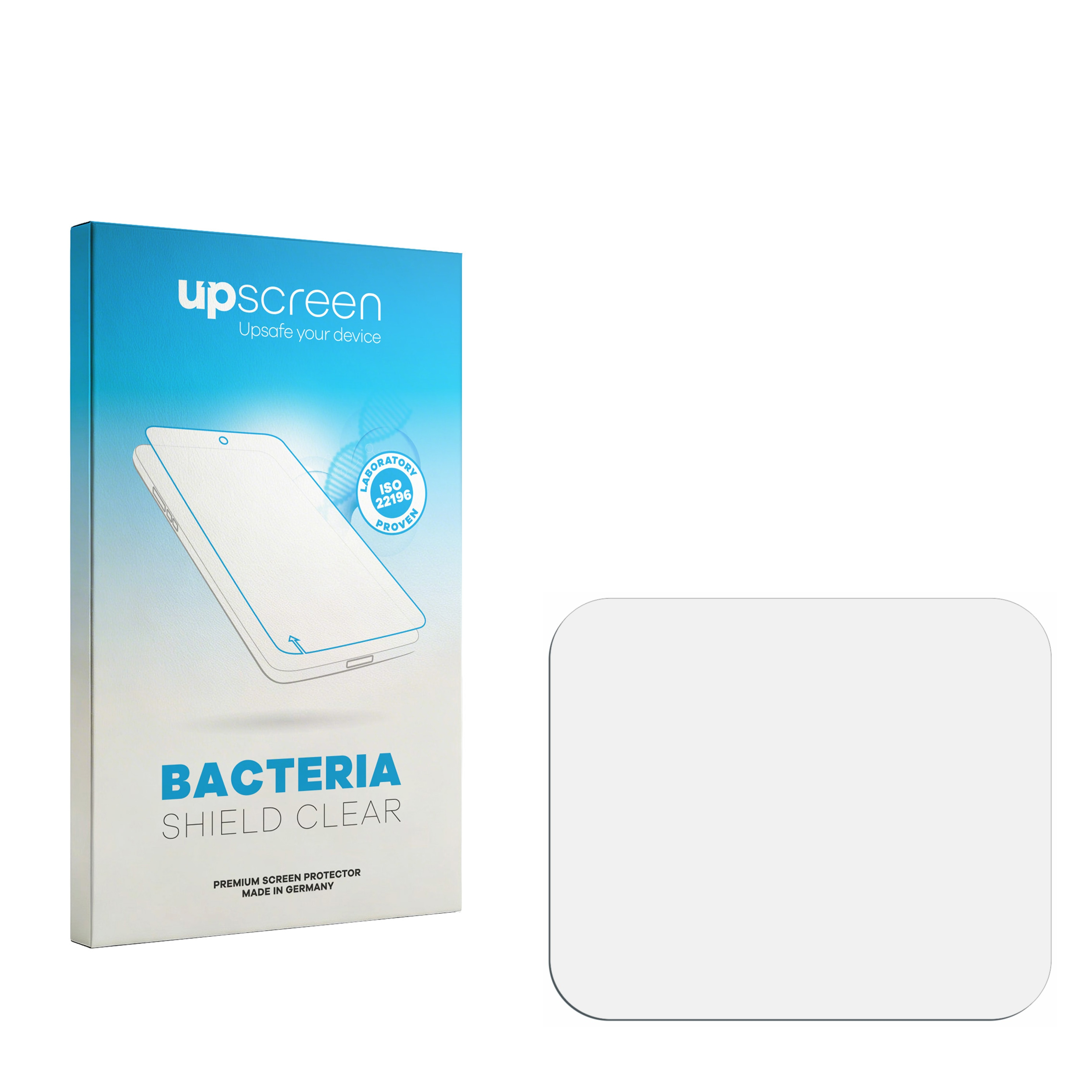 Verpackung und Displayschutzfolie für ein Handy, mit Text.
