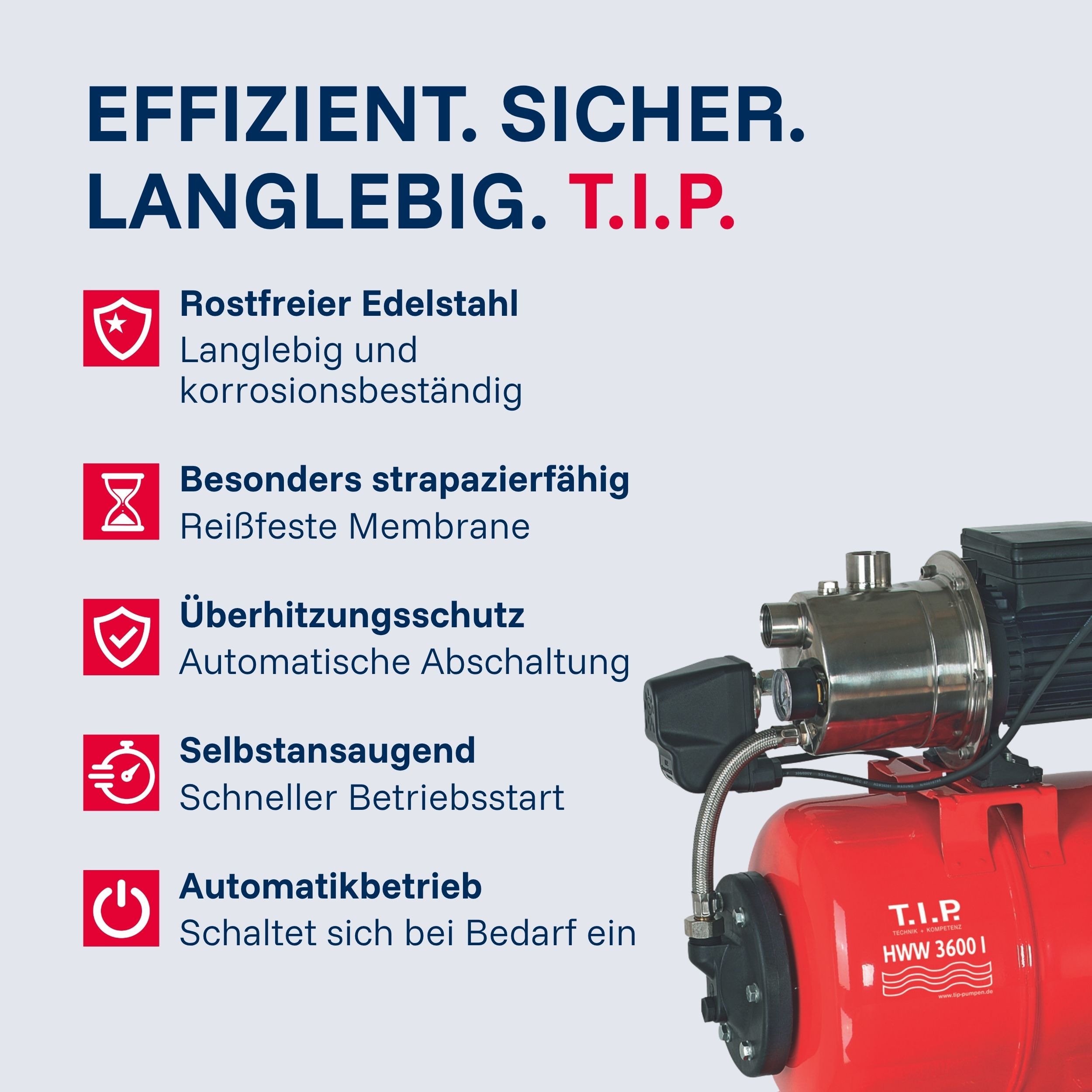 Rote Wasserpumpe mit Details zu Edelstahl, Schutzfunktionen und Automatikbetrieb.