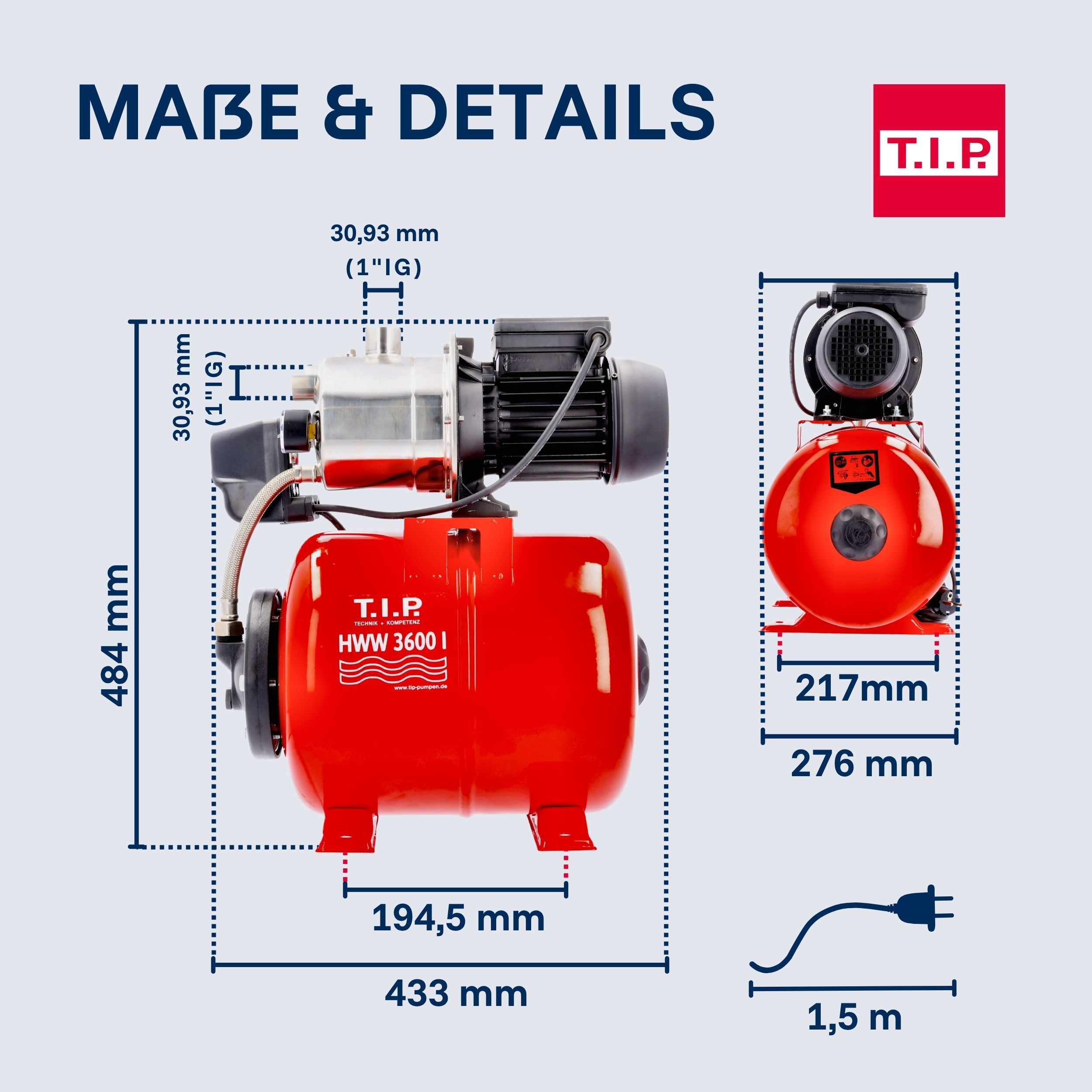 Rote Wasserpumpe mit Motor und Maßangaben. Maße: 484x433x194,5 mm. Kabel: 1,5m.