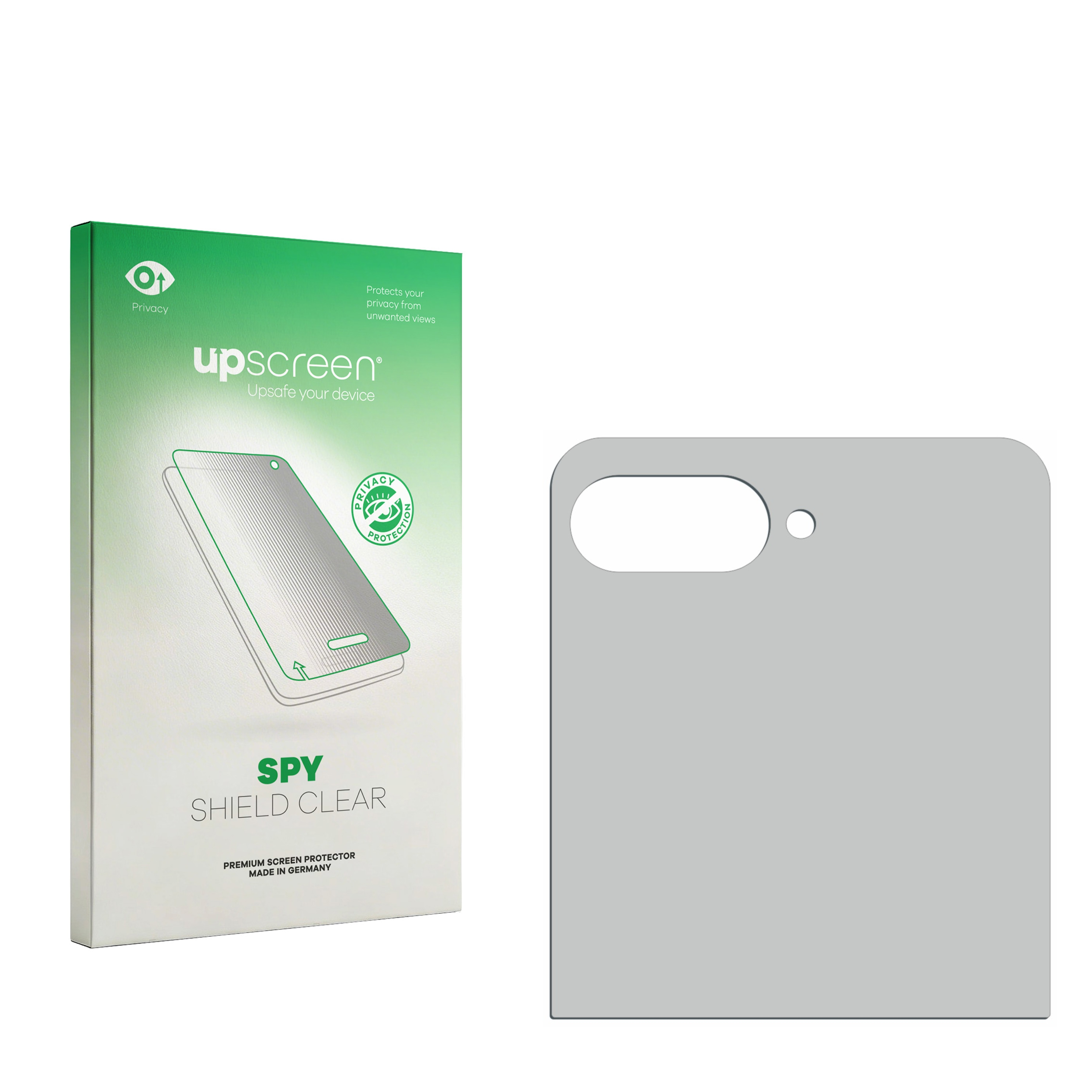 Verpackung für einen Displayschutz und einen Displayschutz aus grauem Material.