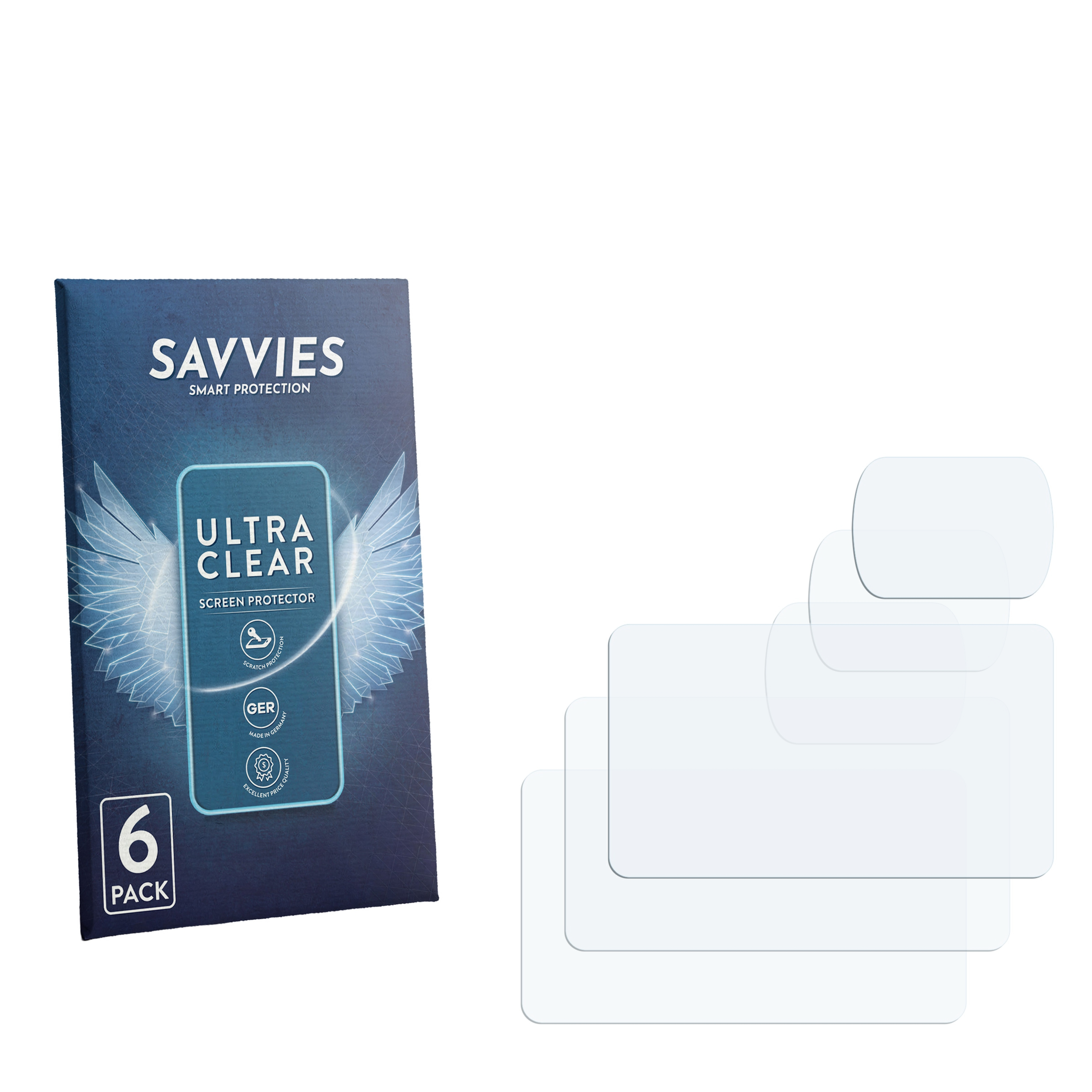 Verpackung für Savvies Displayschutzfolien, 6er Pack, zeigt "Ultra Clear" an.