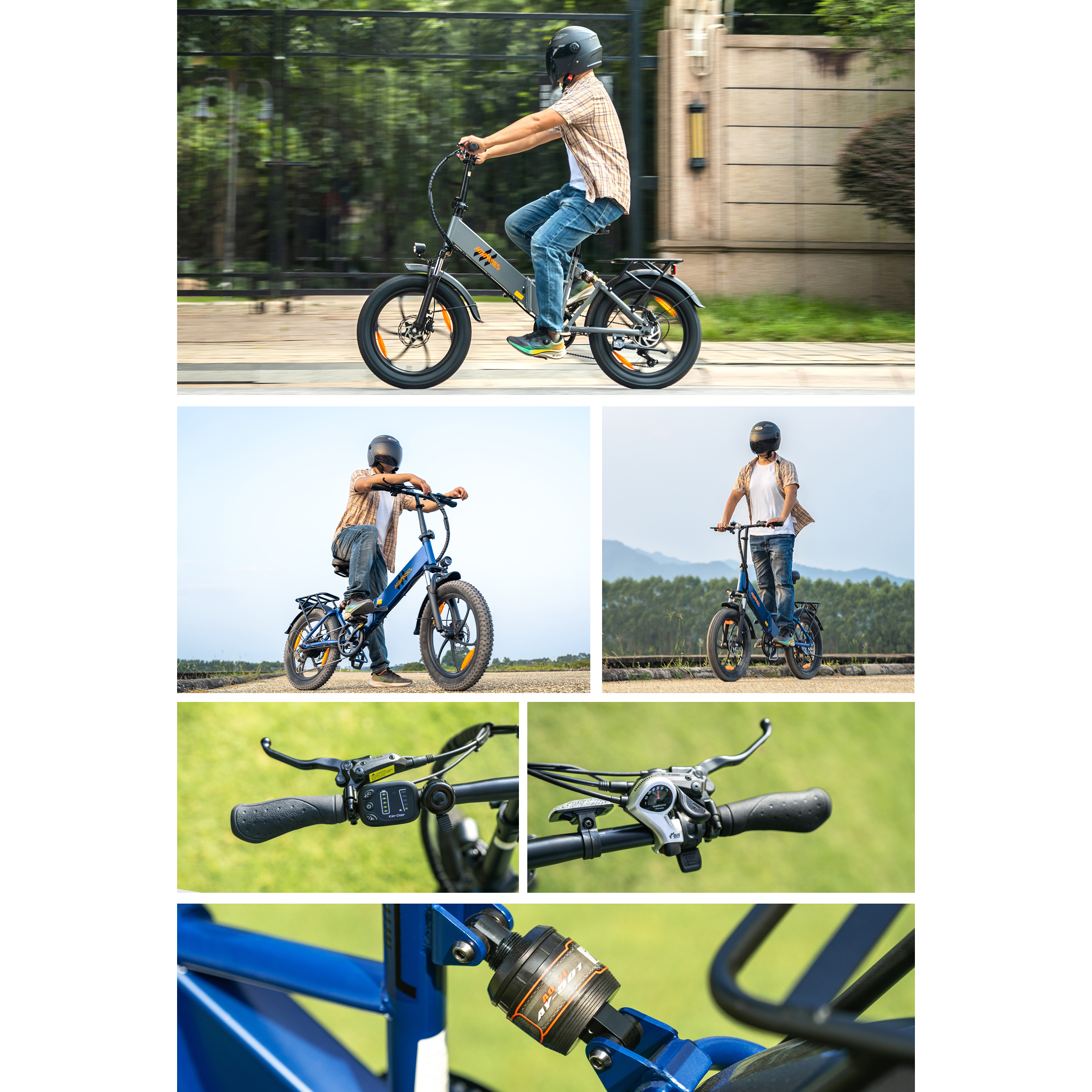 Mann fährt graues E-Bike mit Helm und Jeans. Nahaufnahmen von Lenker und Stoßdämpfer.