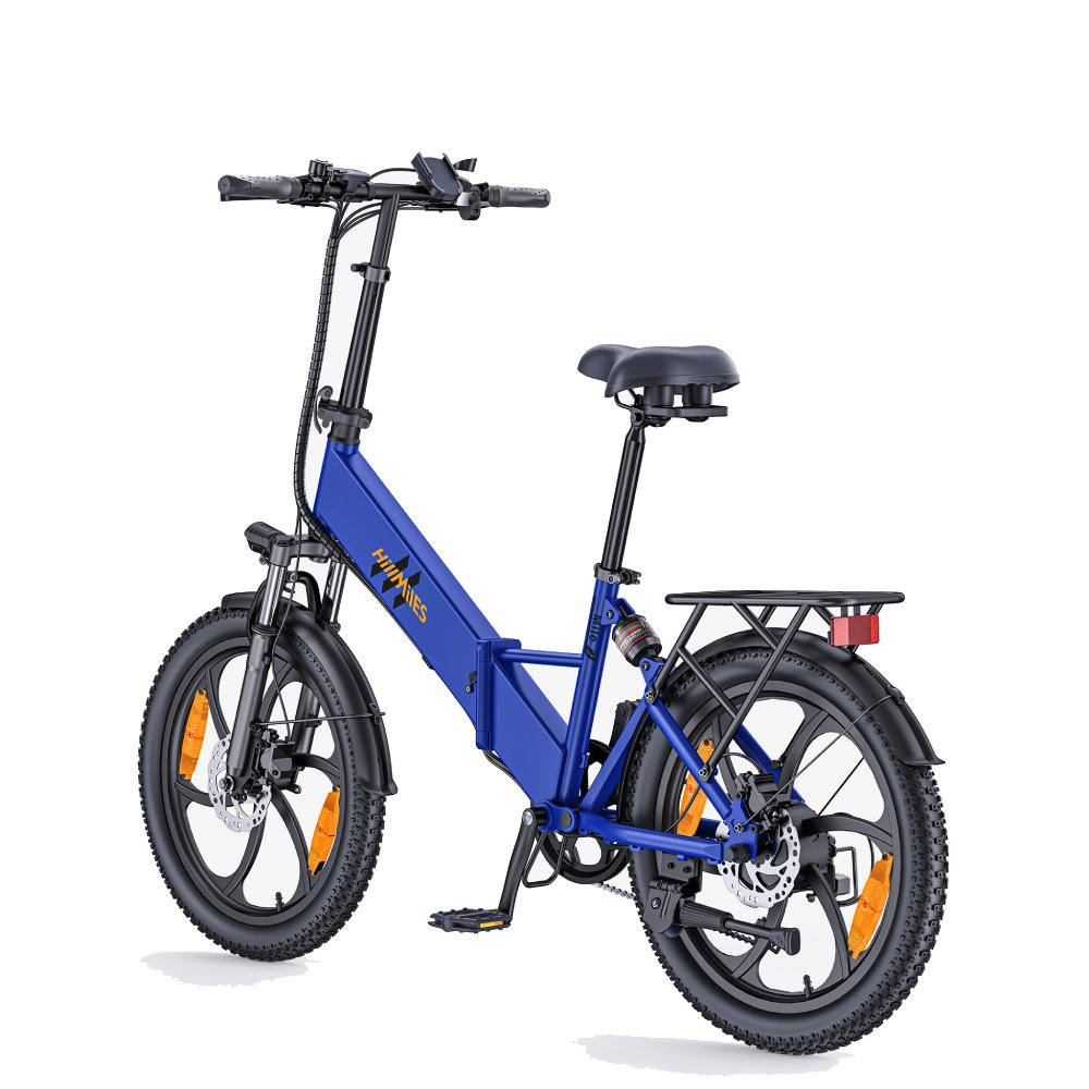 Ein blaues, faltbares E-Bike mit schwarzem Sattel, Gepäckträger und breiten Reifen.