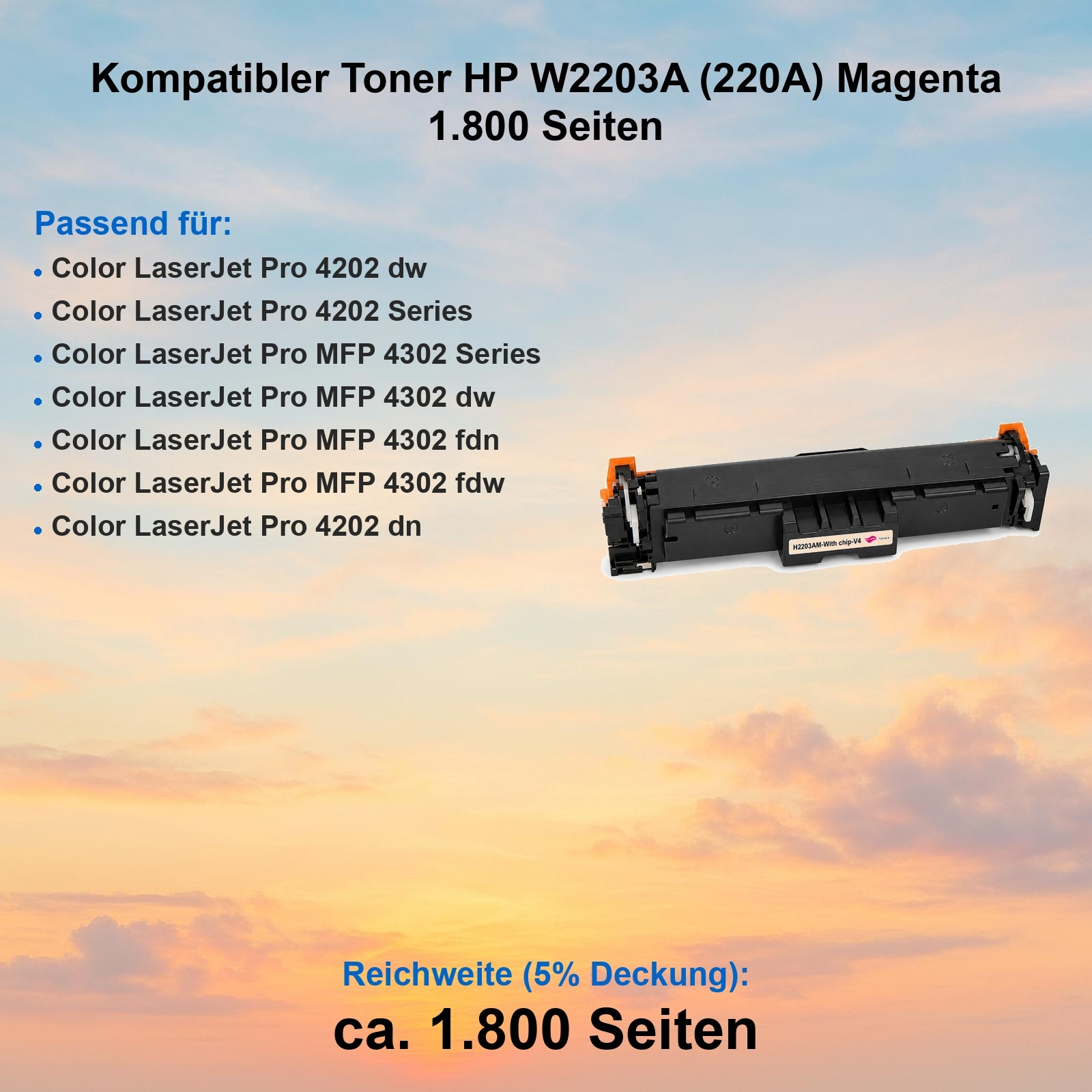 Schwarzer Toner HP W2203A (220A) Magenta, 1.800 Seiten Reichweite.
