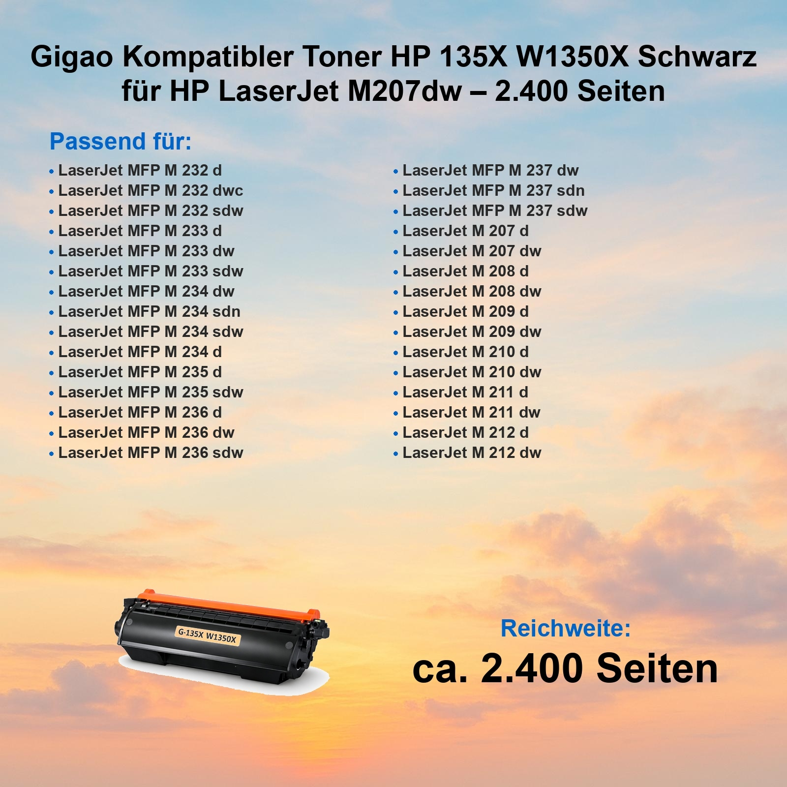 Schwarzer HP Toner 135X W1350X für LaserJet M207dw, Reichweite 2.400 Seiten.