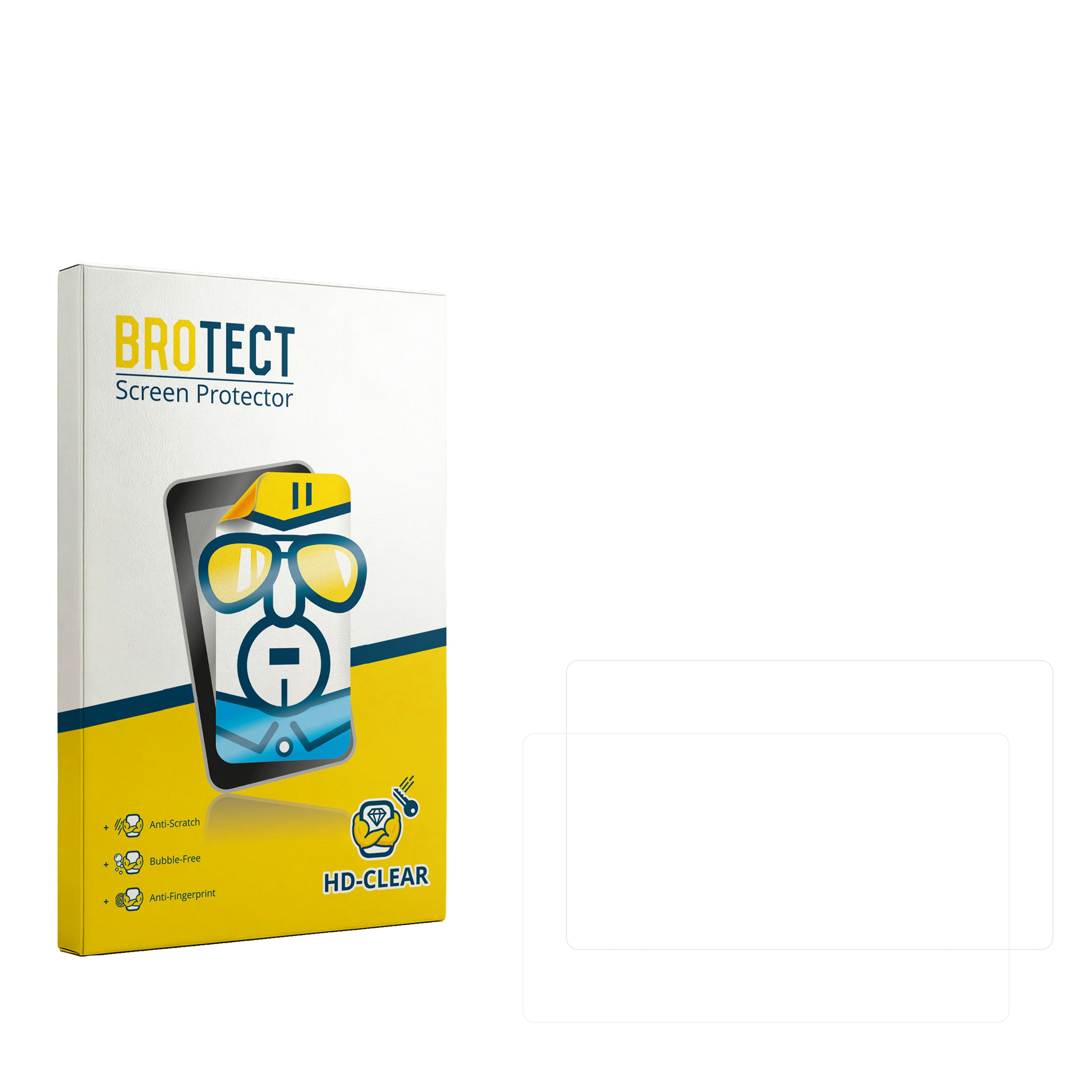 Verpackung für BROTECT Displayschutzfolie mit lächelndem Gesicht und zwei Schutzfolien.
