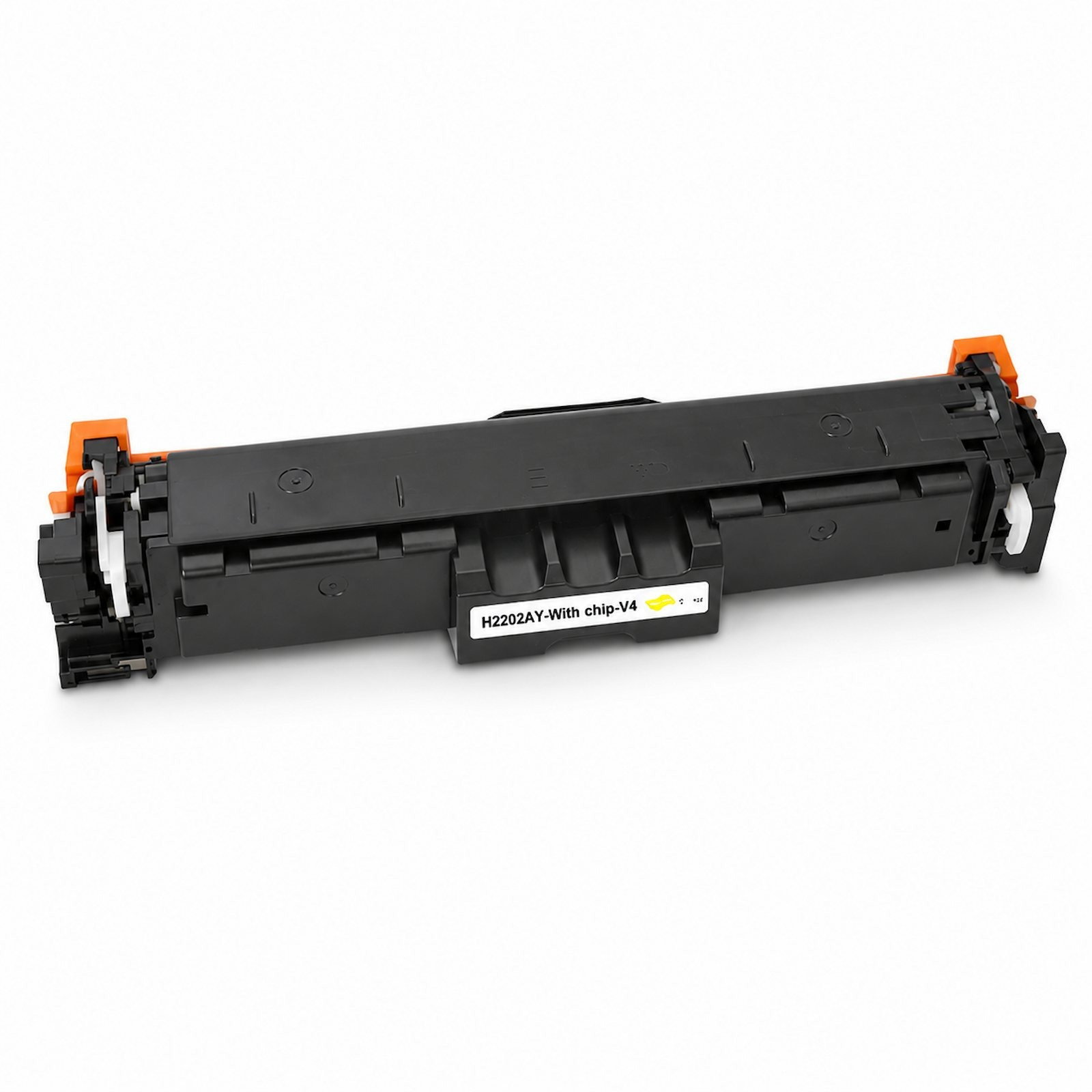 Schwarzer Tonerpatrone mit orangefarbenen Akzenten und Beschriftung.