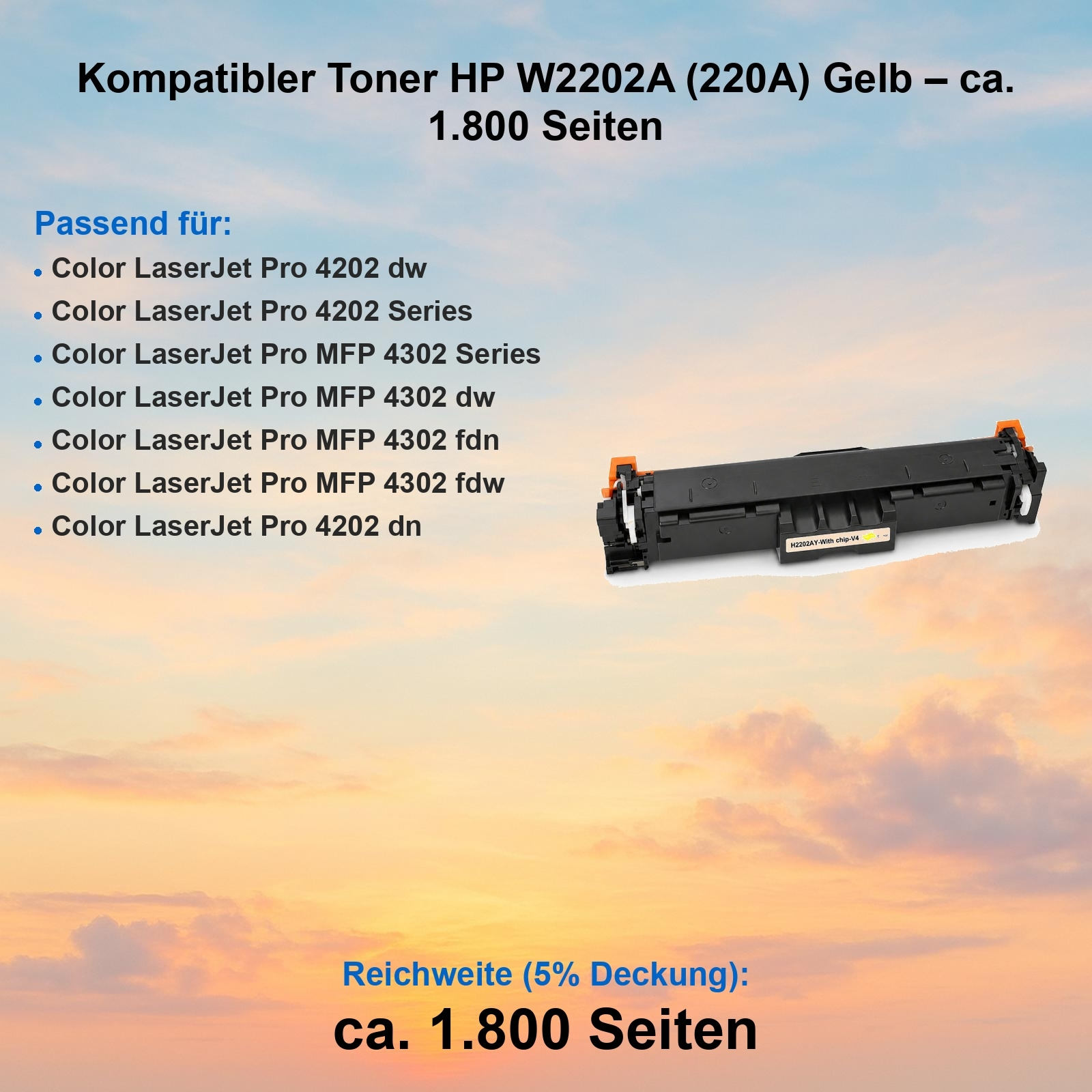 Gelber HP Toner W2202A (220A) für Color LaserJet Pro 4202/4302 Serien.