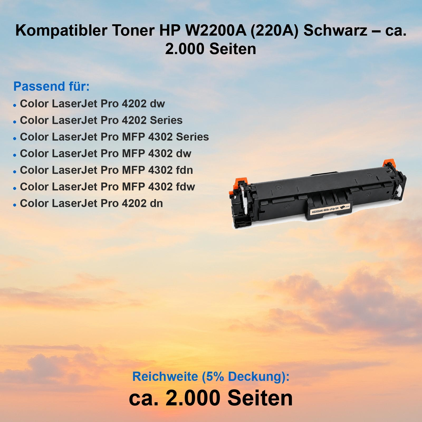 Schwarzer Toner HP W2200A (220A) für Color LaserJet Pro Drucker.