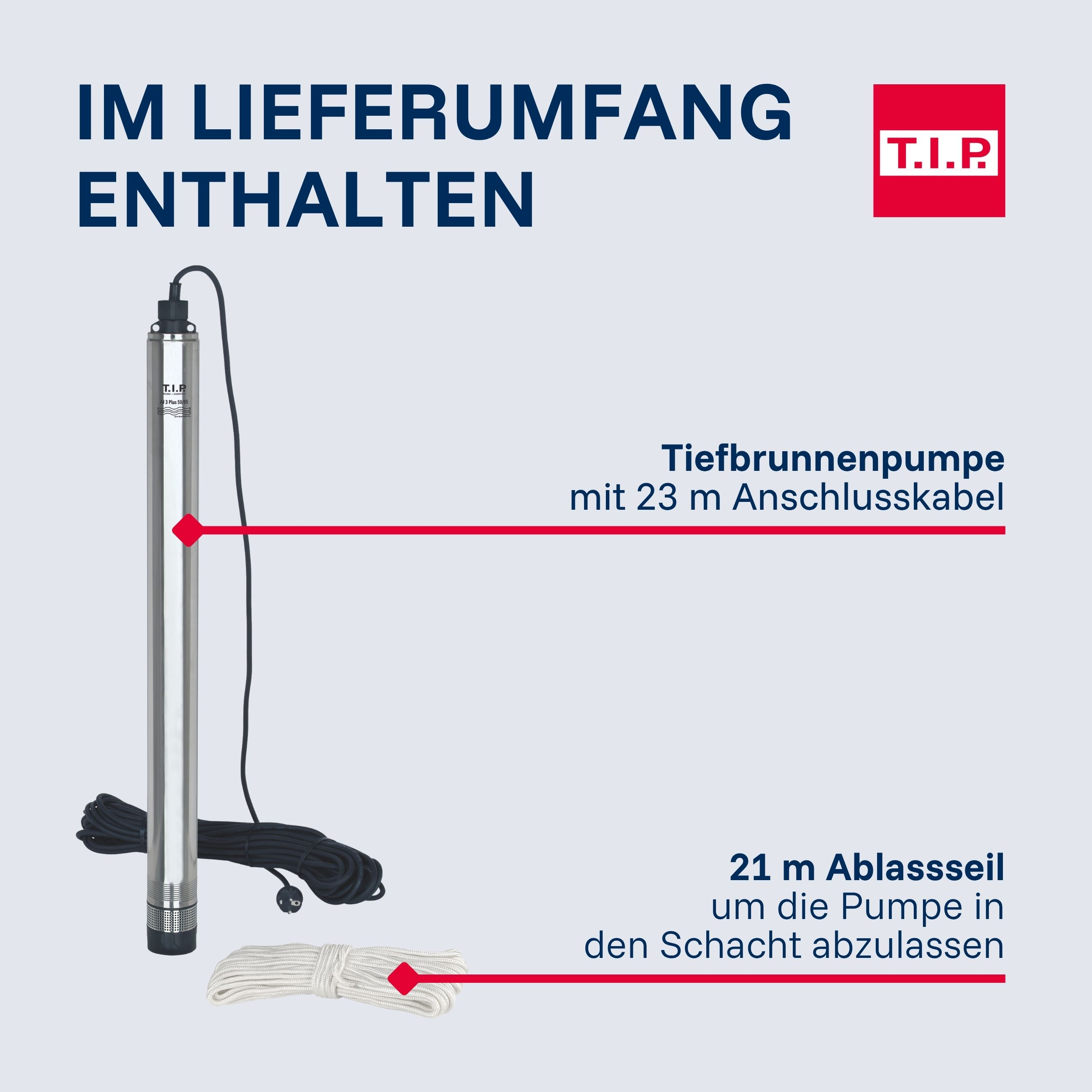 Tiefbrunnenpumpe mit 23m Kabel und 21m Seil.
