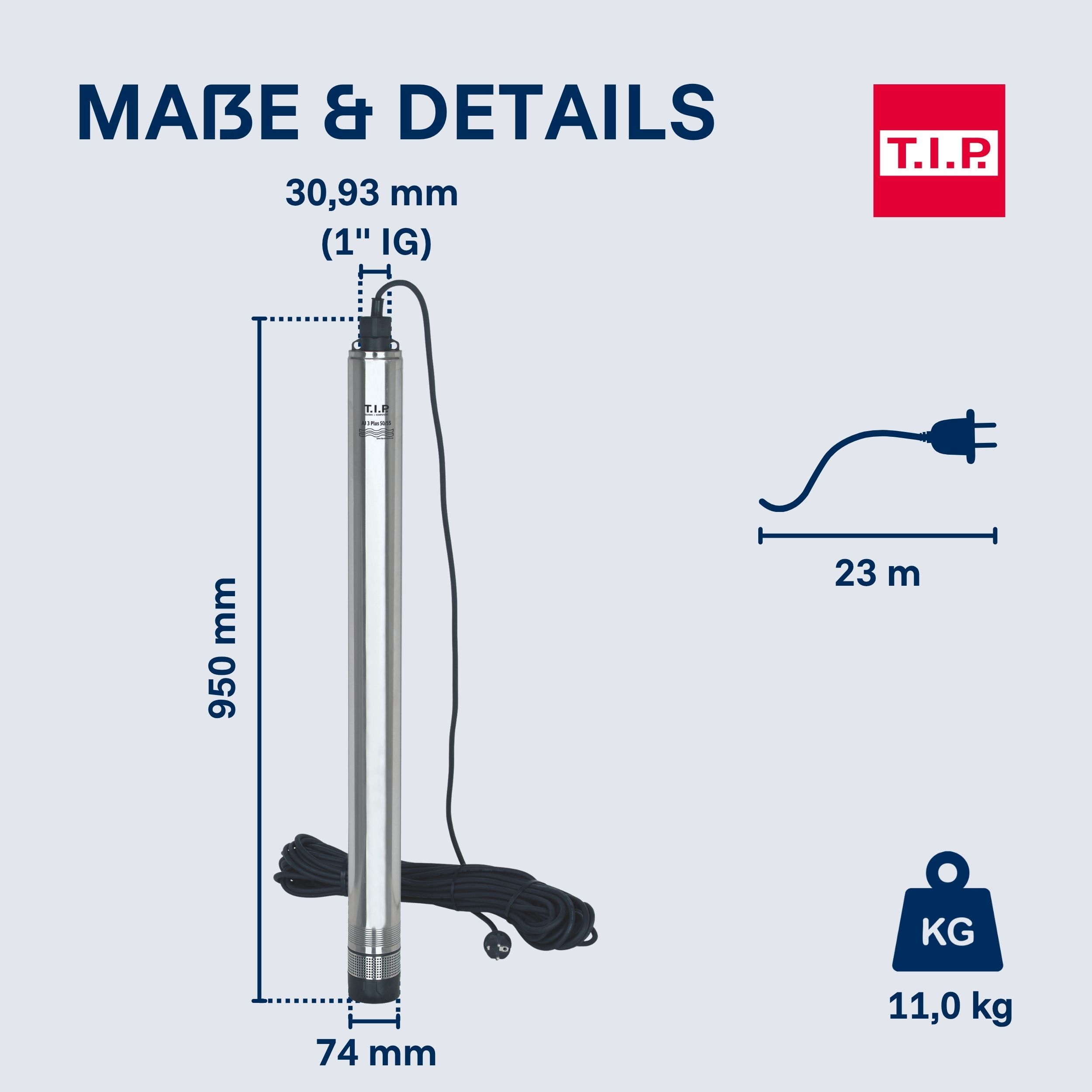 Edelstahlpumpe 950mm lang, 74mm breit, 30,93mm Anschluss. 23m Kabel.