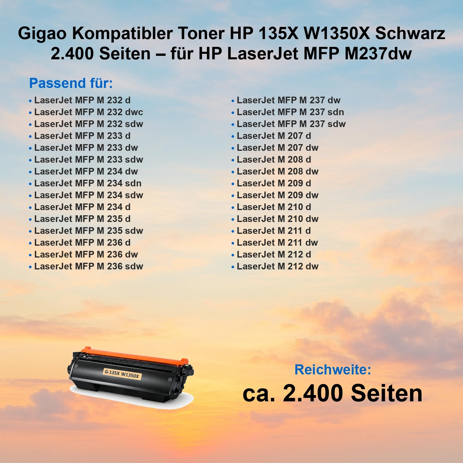 Schwarzer HP 135X W1350X Toner für LaserJet MFP M237dw, Reichweite 2400 Seiten.