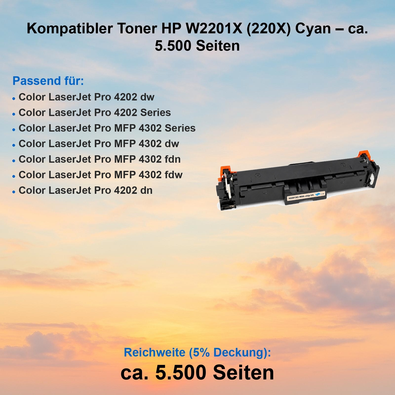 Ein schwarzer HP Toner mit orangenen Kappen auf einem Himmelshintergrund.