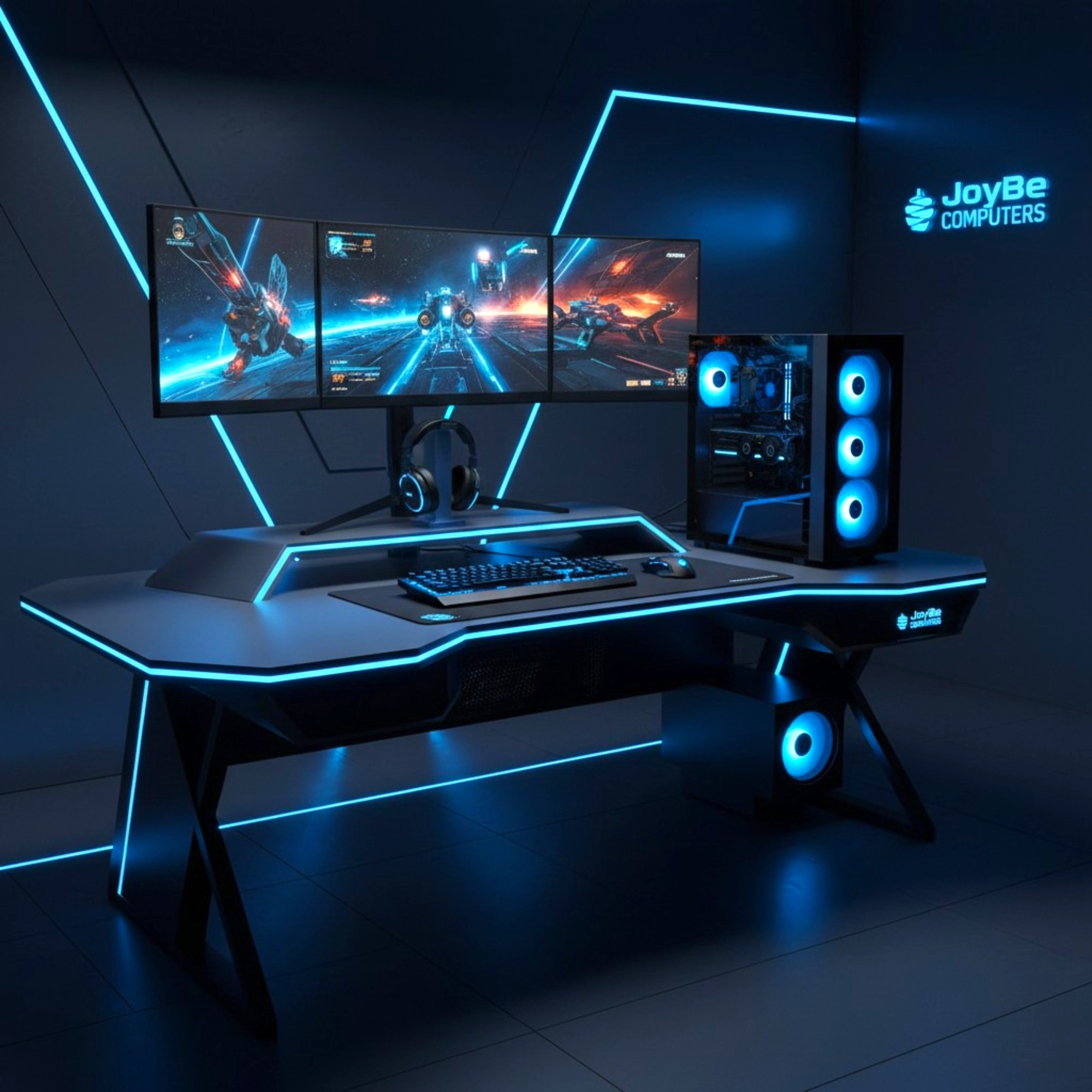 Una scrivania da gaming con triplo monitor, PC e illuminazione LED blu.