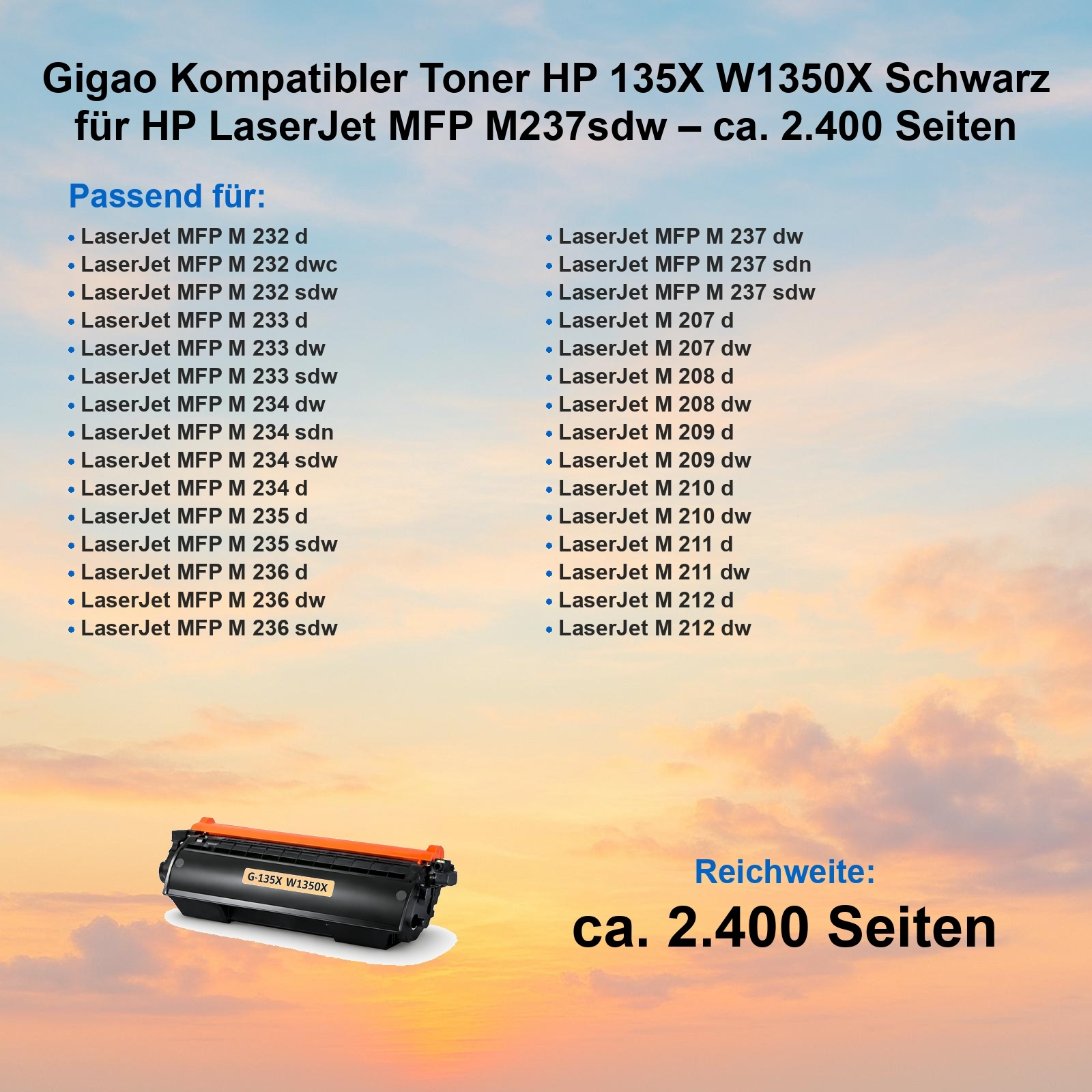Schwarzer HP 135X Toner für LaserJet MFP M237sdw, Reichweite 2400 Seiten.