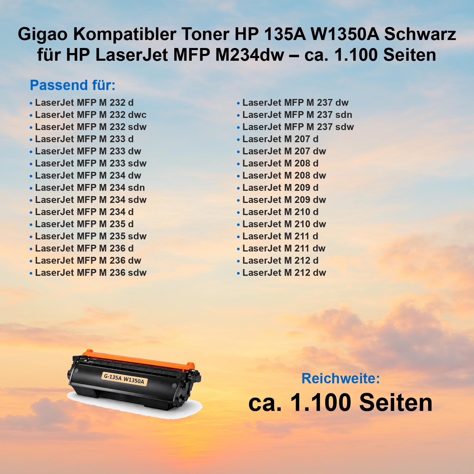 Schwarzer Toner HP 135A W1350A für viele LaserJet MFP Modelle mit 1100 Seiten Reichweite.