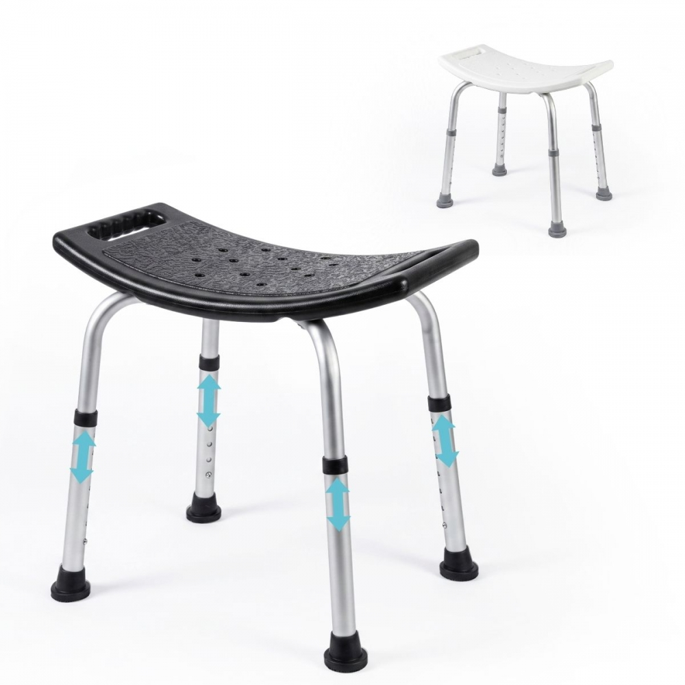Un taburete de ducha negro y uno blanco con patas ajustables.