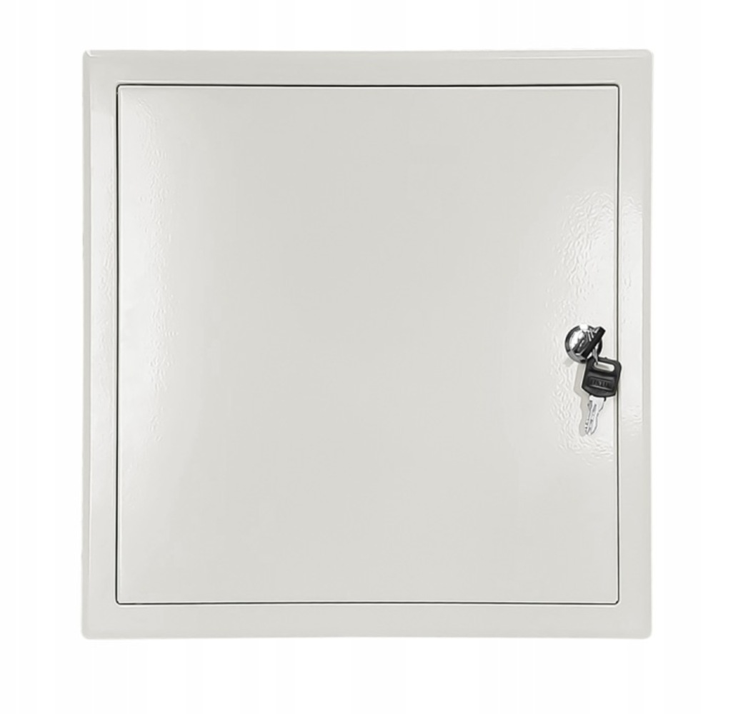 Biały, prostokątny panel metalowy z zamkiem na klucz i kluczem.