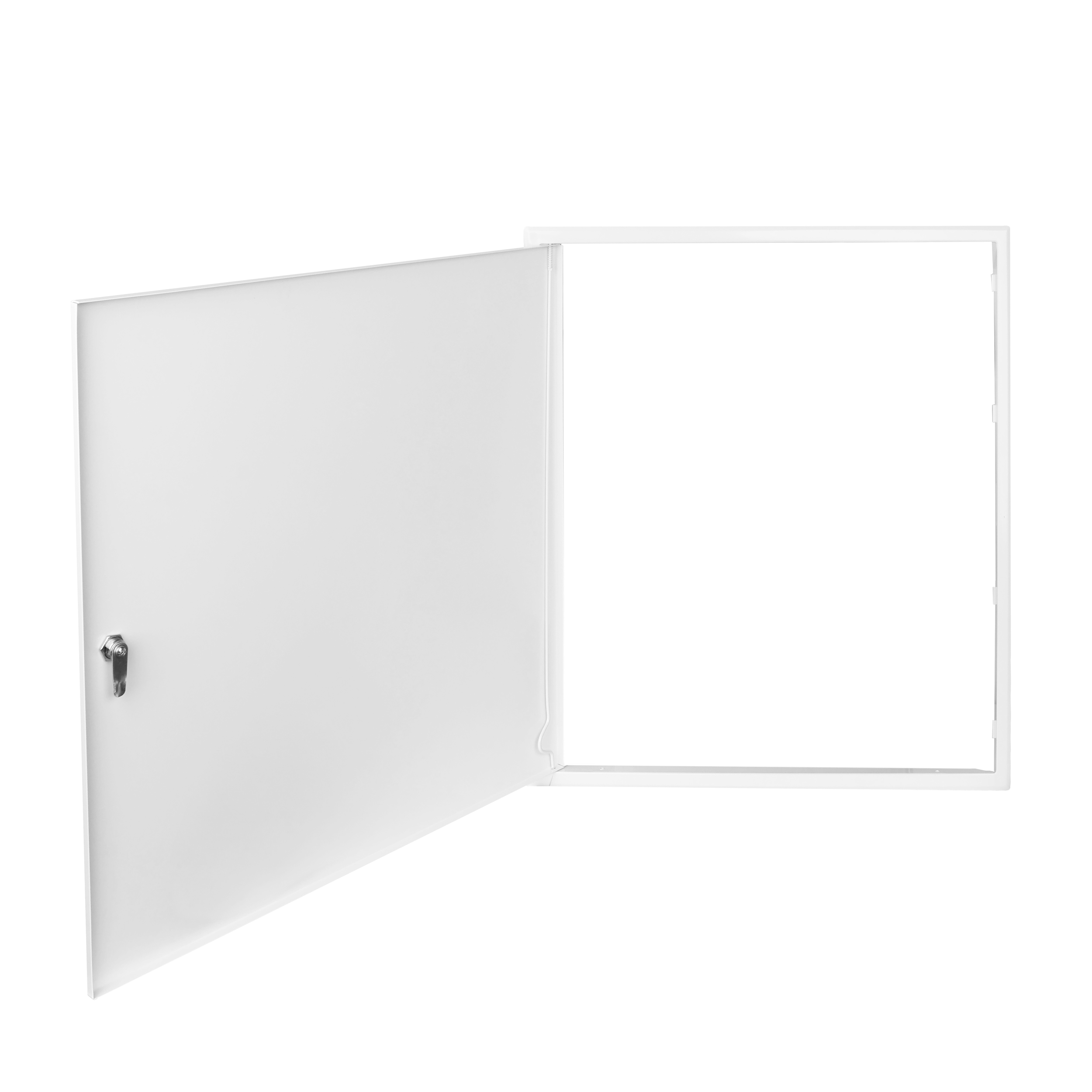 Biały panel rewizyjny z zamkiem i otwartymi drzwiczkami.