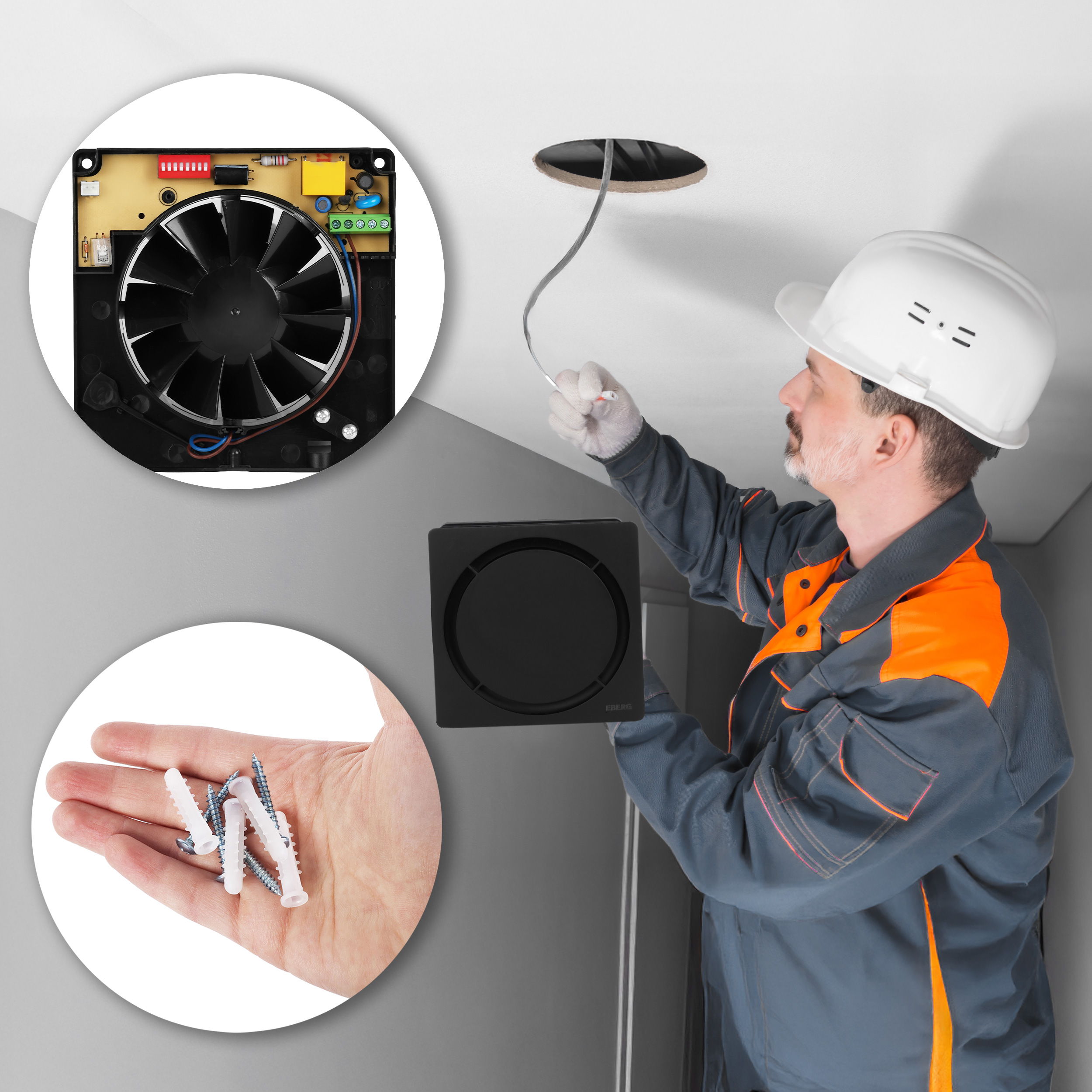 Mężczyzna instaluje wentylator: wentylator, elektronika, śruby, kabel, kask.
