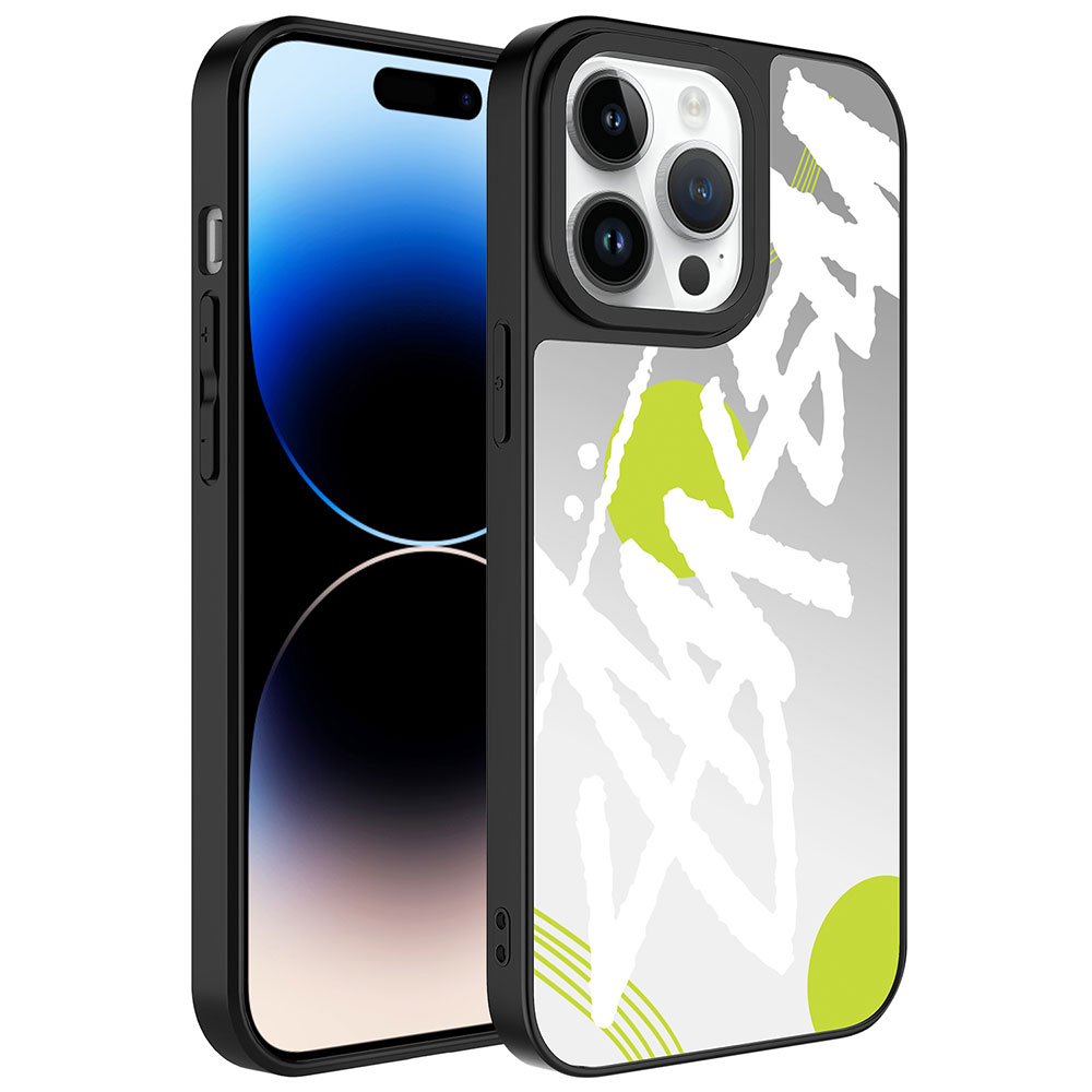 Kılıfında renkli grafik desenli siyah bir iPhone.