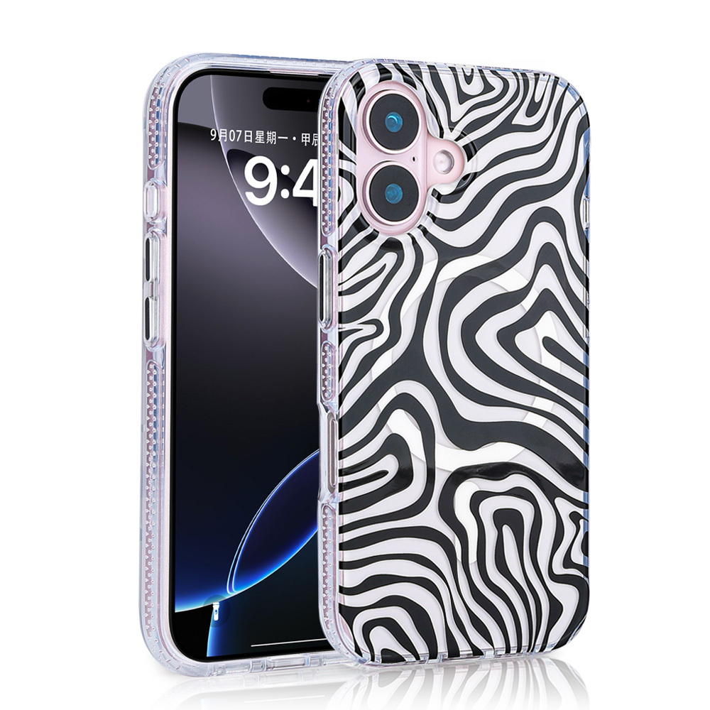 Zebra deseni kapaklı bir akıllı telefon, beyaz zeminde duruyor.