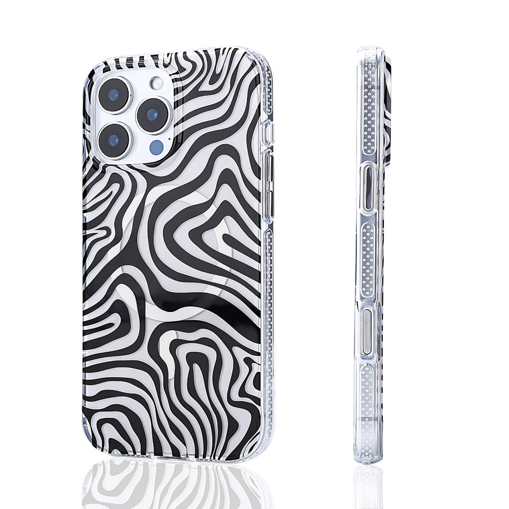 Şeffaf telefon kılıfı, siyah beyaz zebra deseni ve üç kamera.