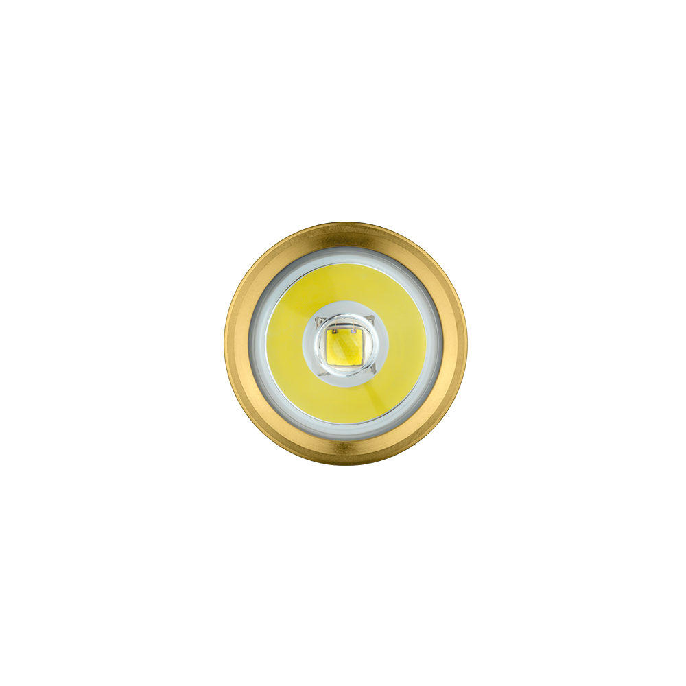 Nahaufnahme einer LED-Taschenlampe mit goldenem Gehäuse und weißem Licht.