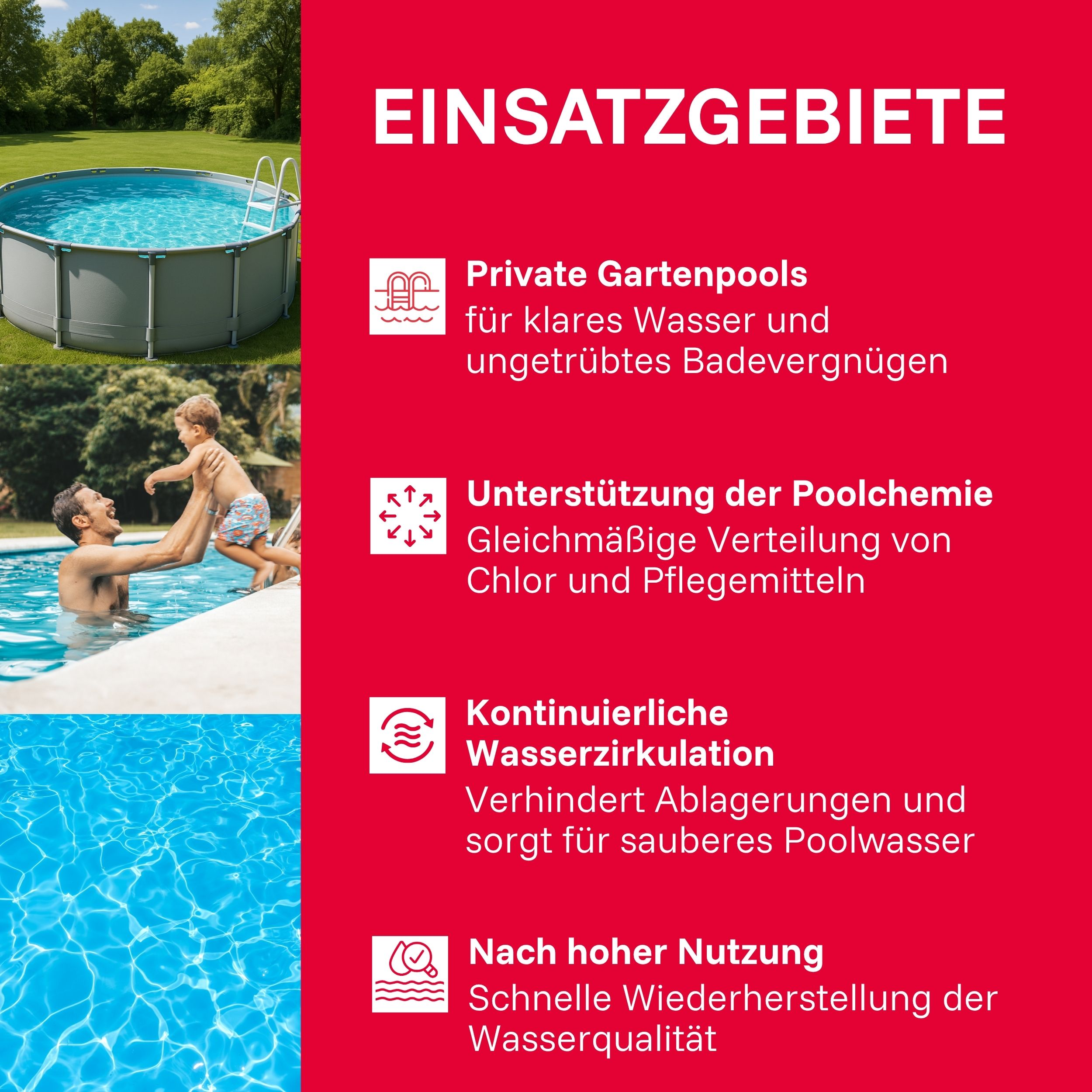 Ein Gartenpool mit Leiter, ein Mann hebt ein Kind. Text über Poolpflege.