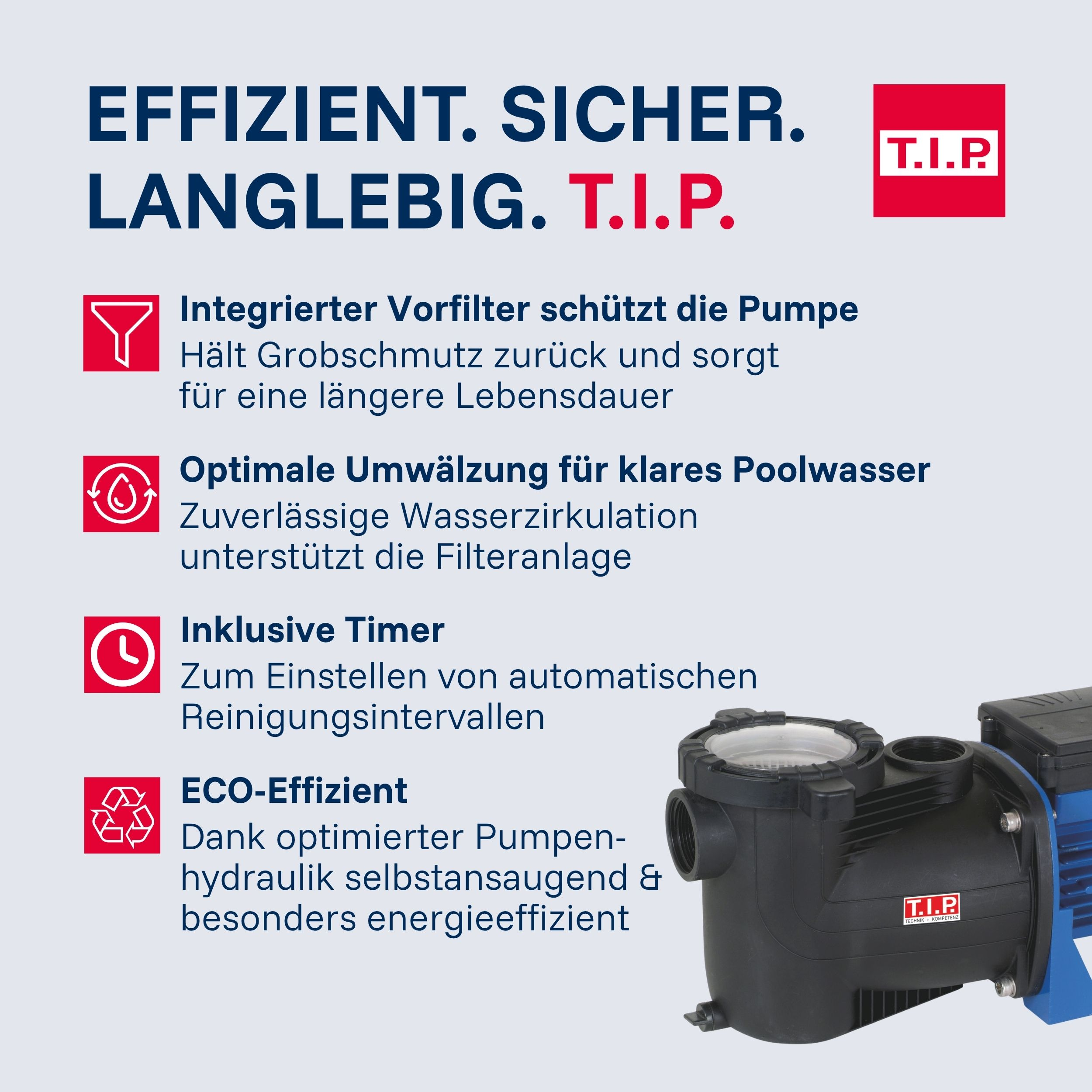 Eine blaue Poolpumpe mit T.I.P. Logo und Text über Effizienz.