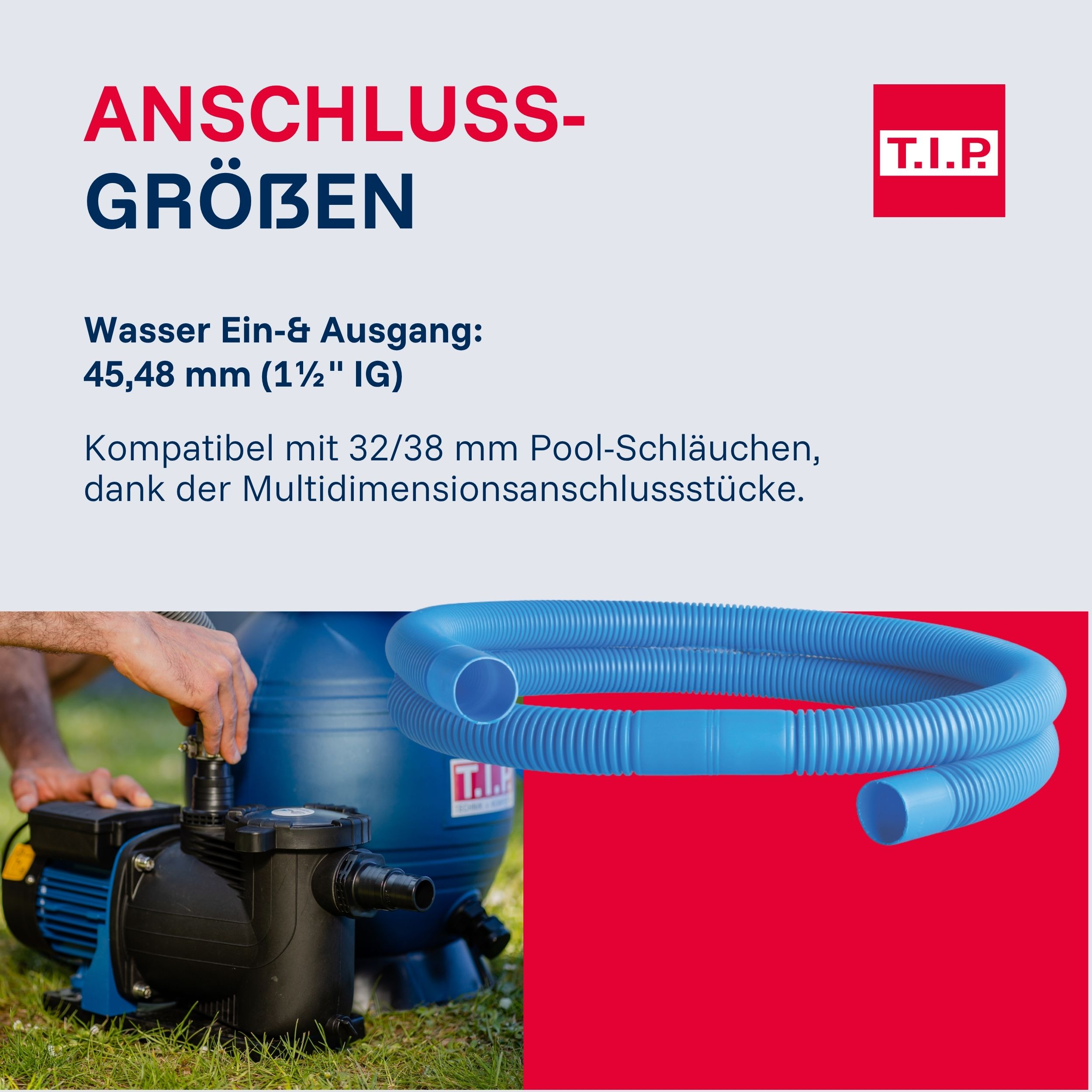 Poolpumpe mit blauem Schlauch und Text über Anschlüsse.