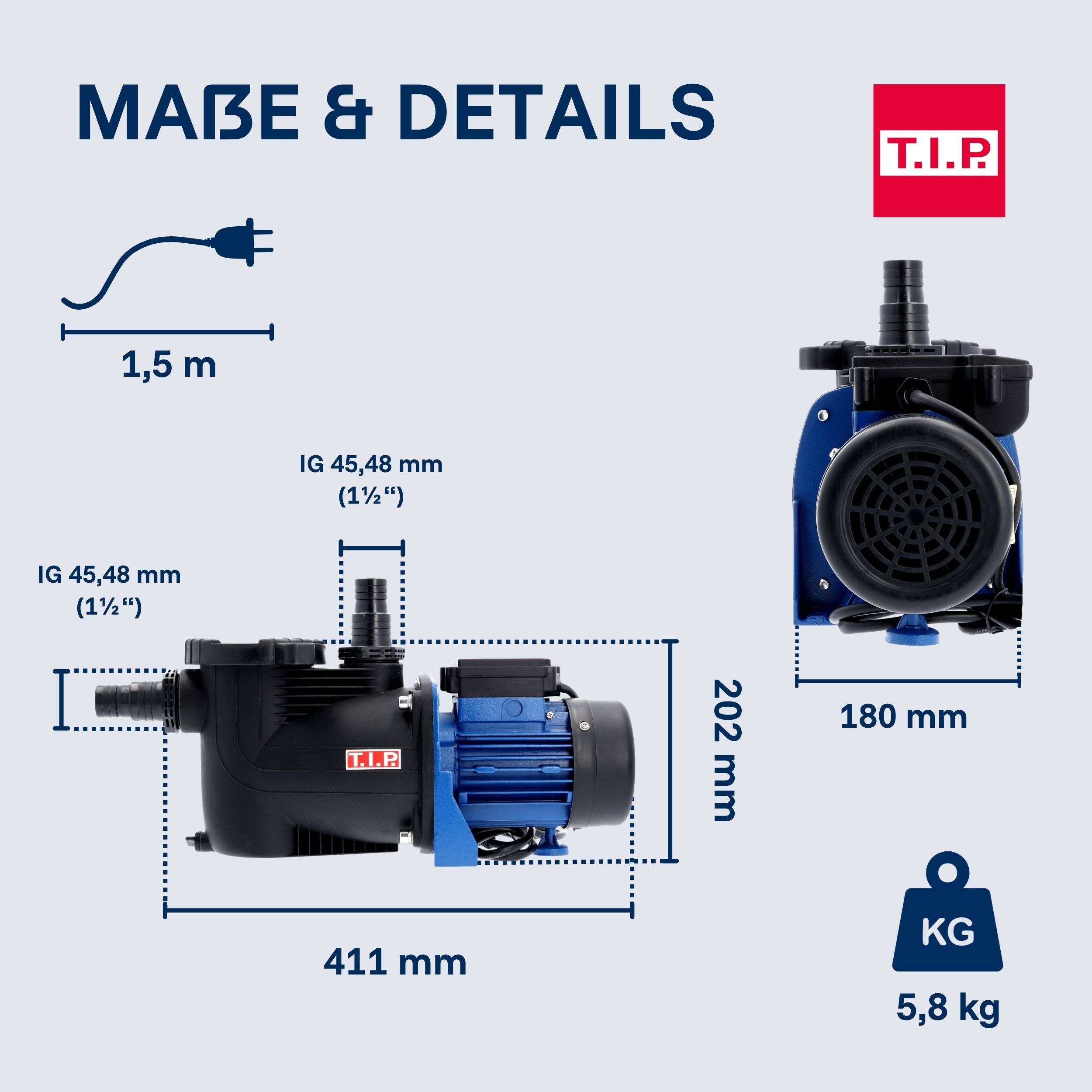 Blauer und schwarzer Wasserpumpen-Detail mit Maßen und T.I.P.-Logo.