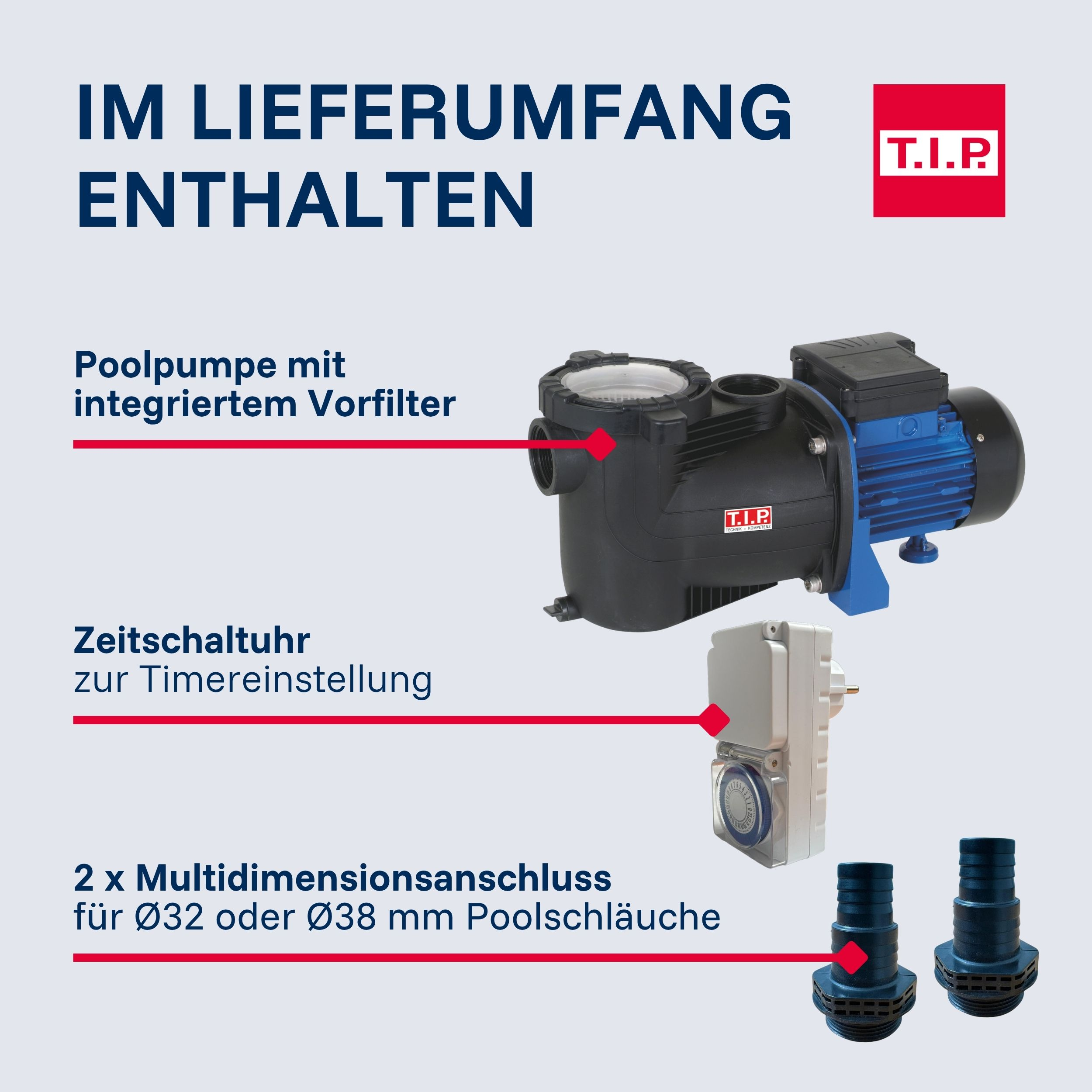 Poolpumpe mit Vorfilter, Zeitschaltuhr und Anschlüssen im Lieferumfang enthalten.