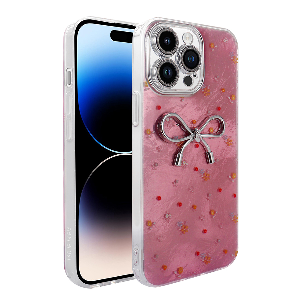 Gümüş fiyonk aksesuarlı, fiyonk ve çiçek desenli pembe iPhone kılıfı.