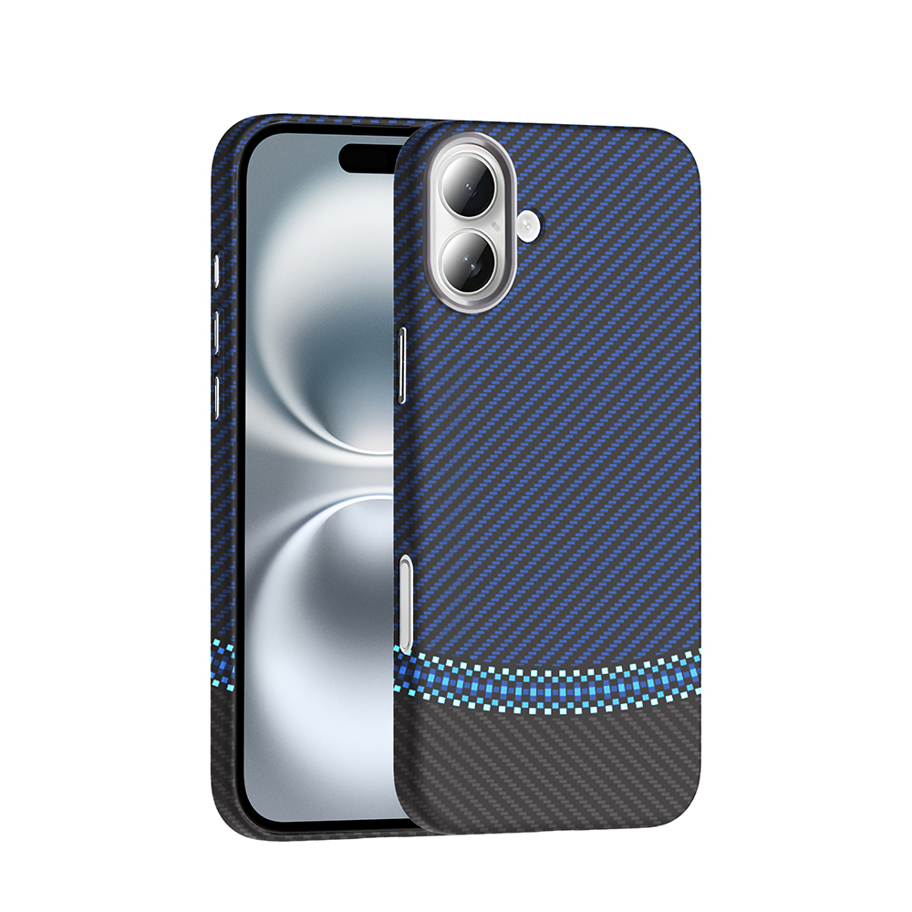 Karbon fiber desenli ve iki tonlu şeritli mavi telefon kılıfı.