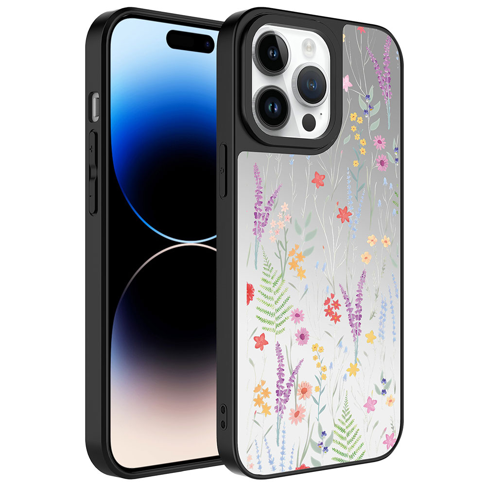 Arkası çiçek desenli siyah iPhone, beyaz arka plan üzerinde.
