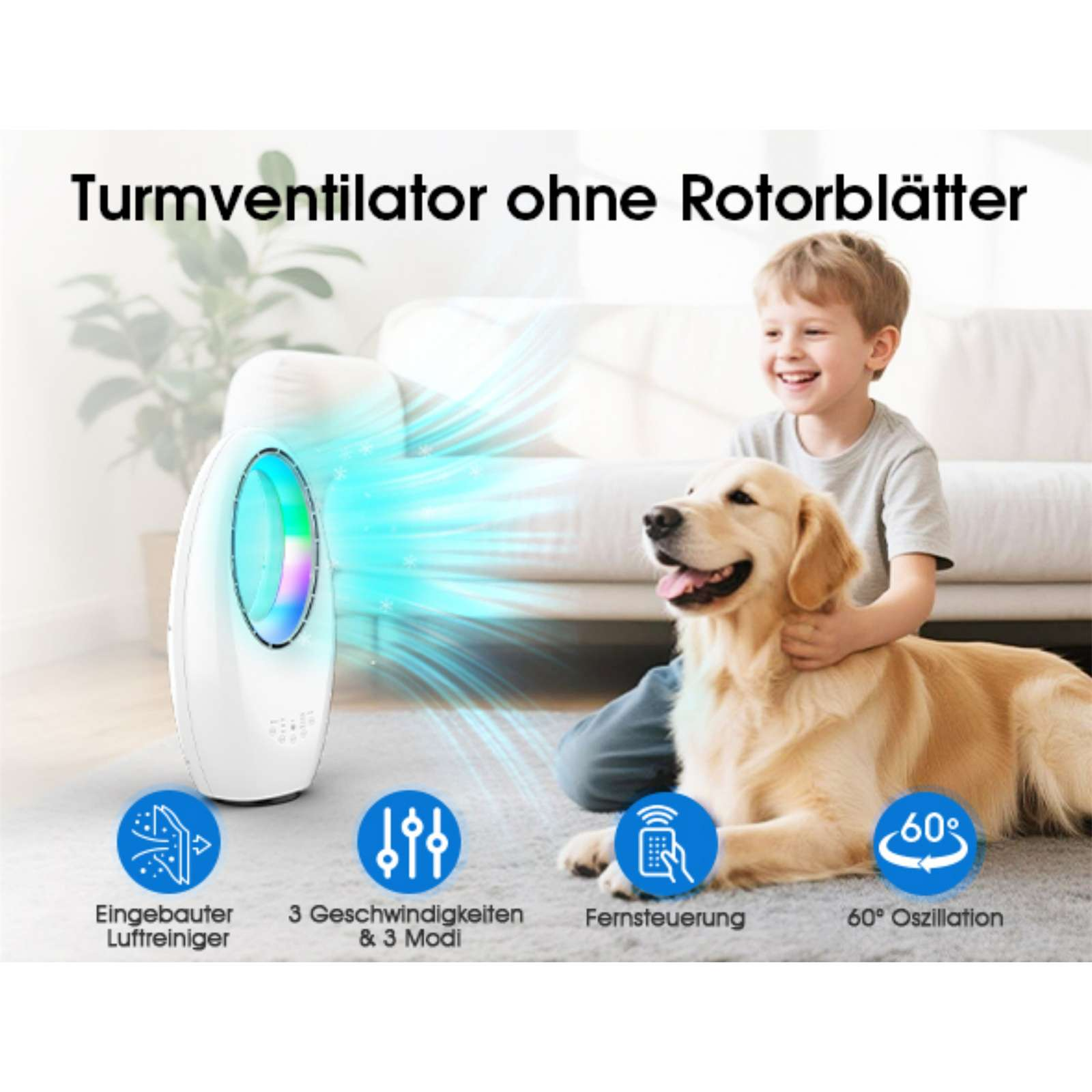 Ein Junge und ein Hund sitzen neben einem Turmventilator, der Luft ausstößt.