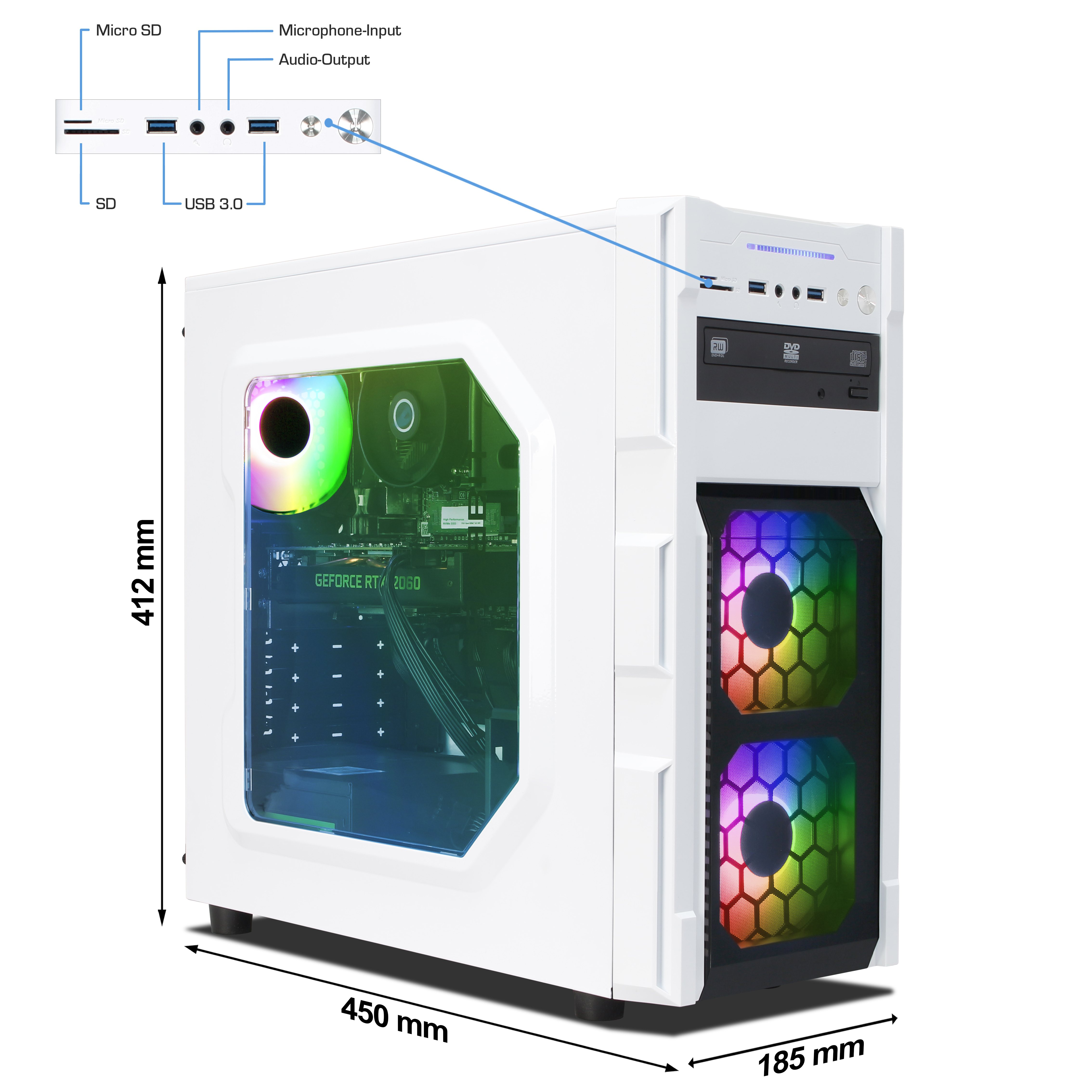 Weißer PC-Tower mit transparentem Fenster, beleuchteten Lüftern und Frontanschlüssen.