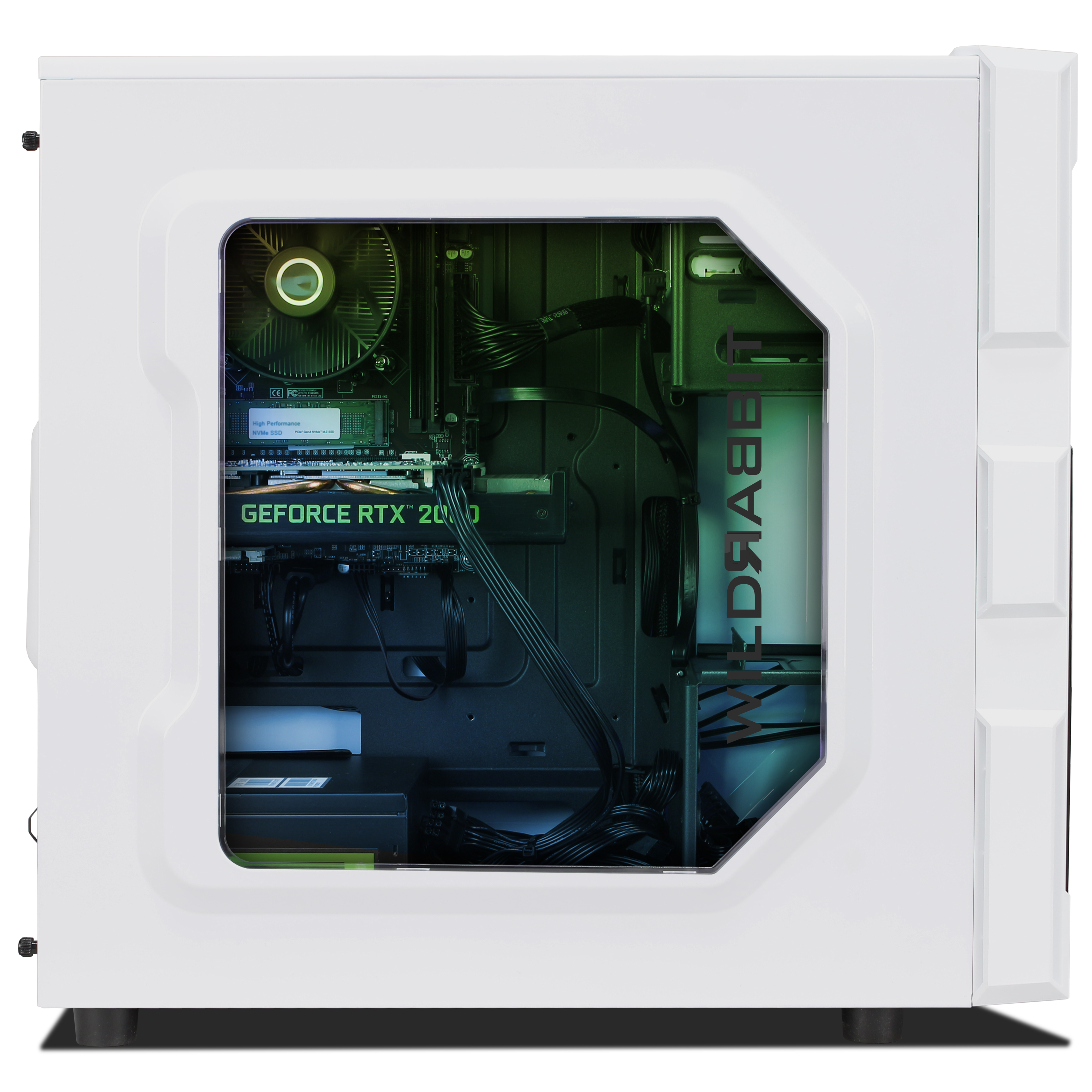 Weiße PC-Hülle mit Seitenfenster, die interne Komponenten wie GPU und Lüfter zeigt.