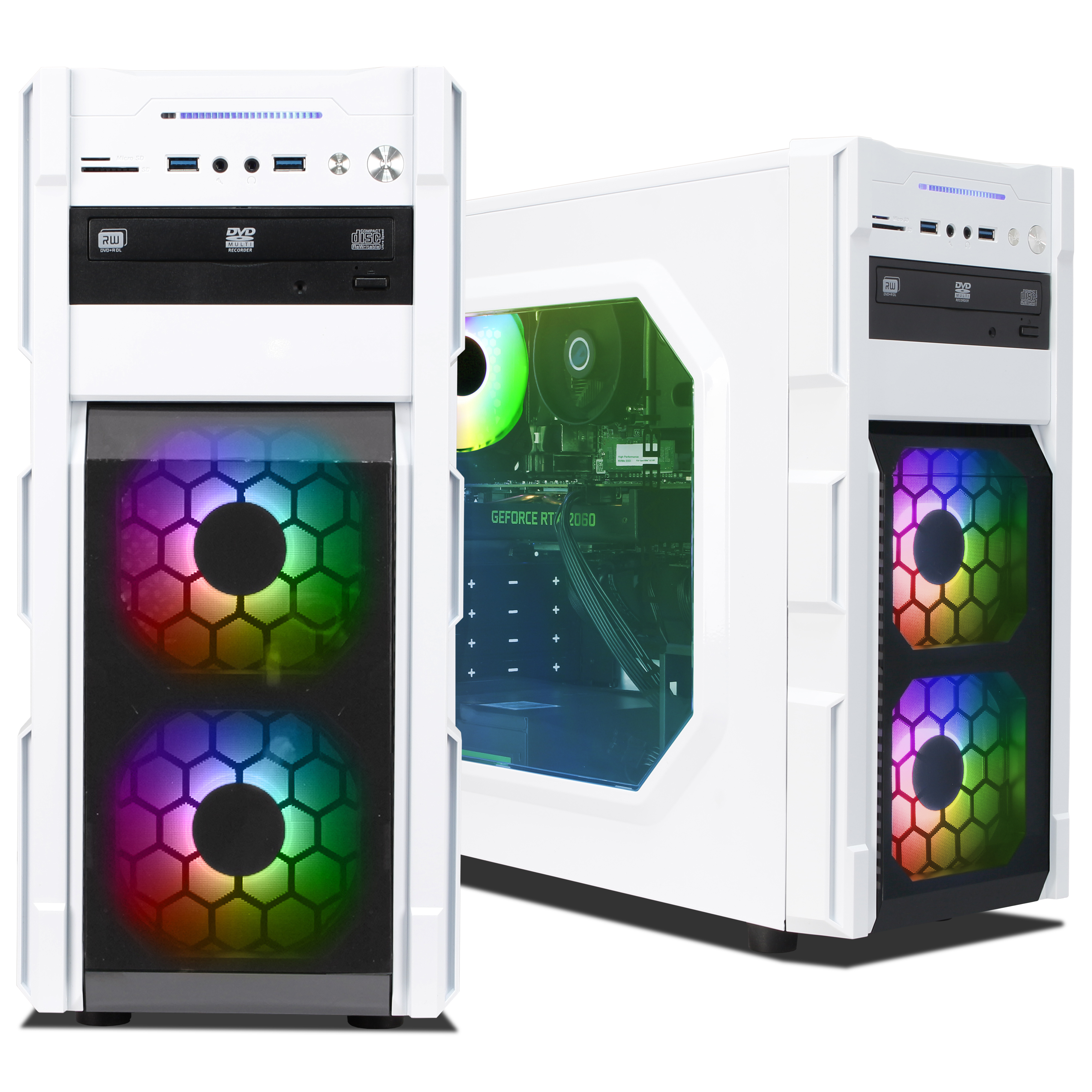 Zwei weiße Computergehäuse mit RGB-Lüftern und sichtbaren internen Komponenten.