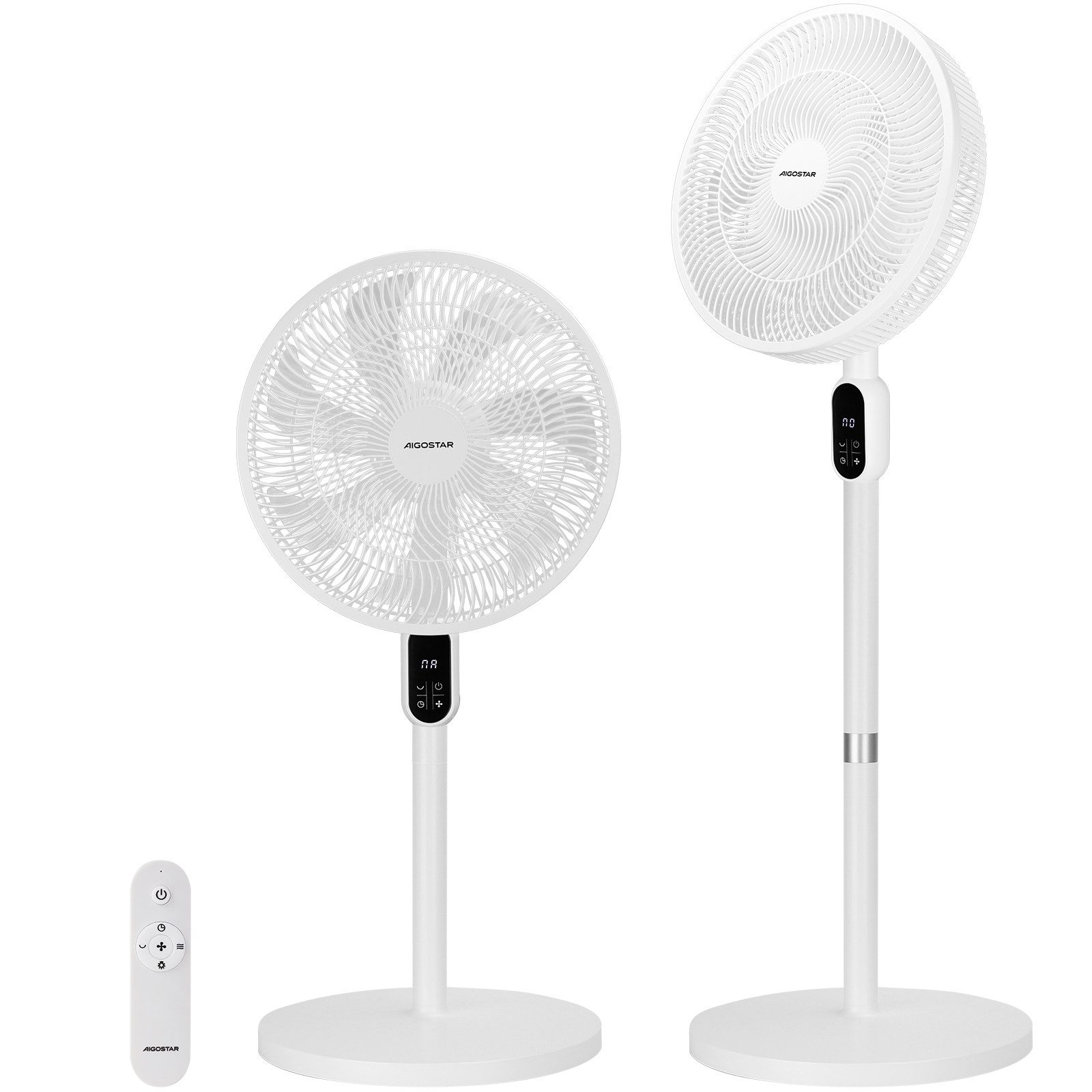 Zwei weiße Standventilatoren mit Fernbedienung vor weißem Hintergrund.