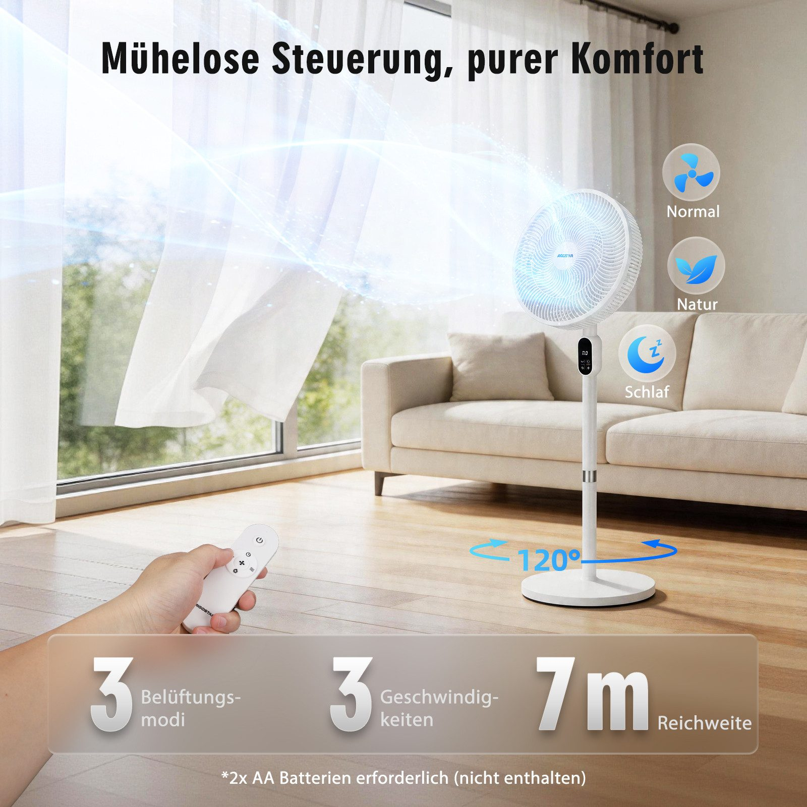 Ein weißer Standventilator mit Fernbedienung in einem Wohnzimmer.