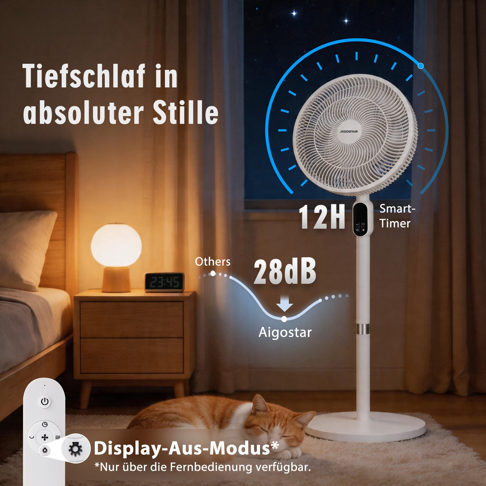 Ein Ventilator mit 12h Timer bei 28dB neben einem Bett mit Katze.