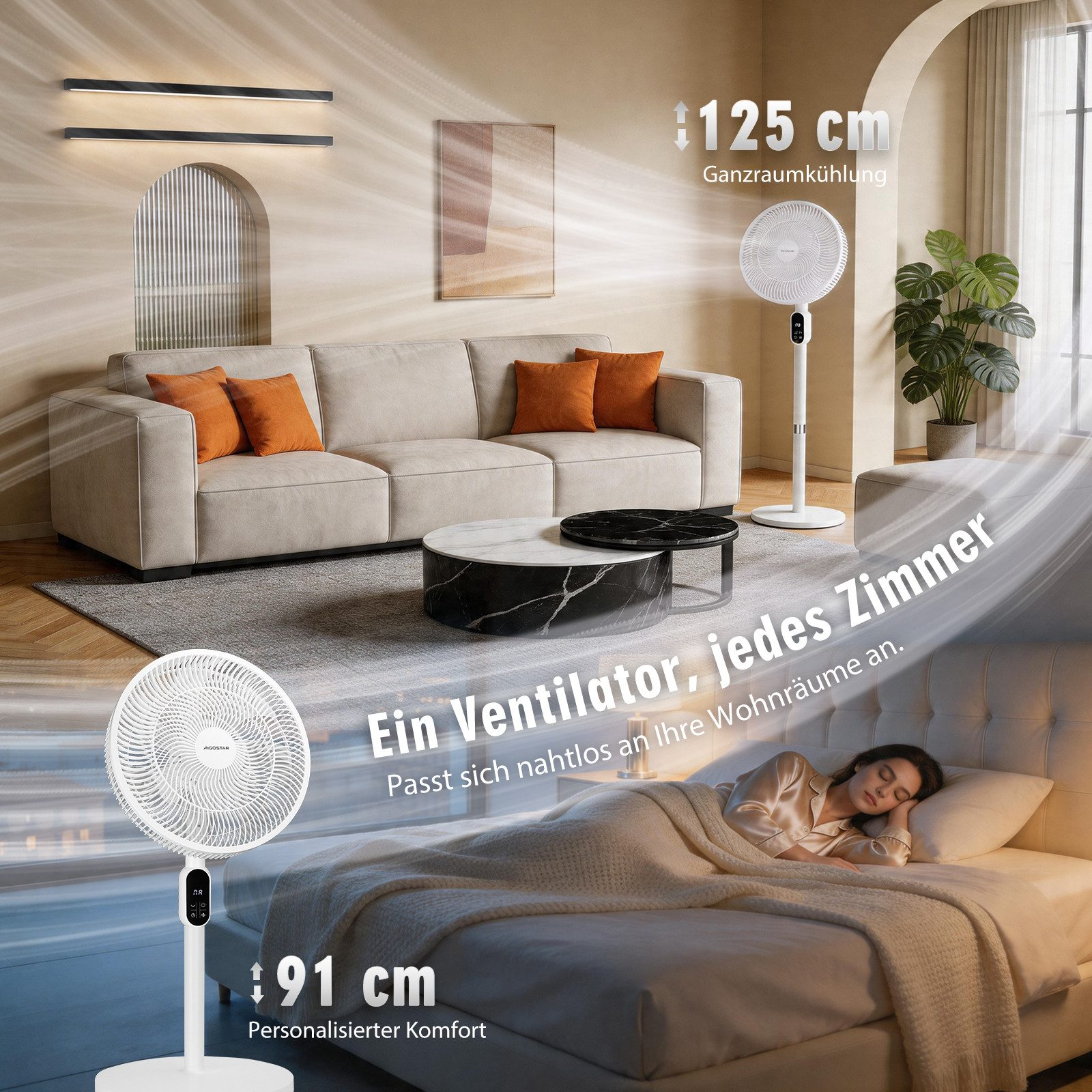 Ein Wohnzimmer mit Sofa und ein Schlafzimmer mit einer Frau. Ventilatoren sind zu sehen.