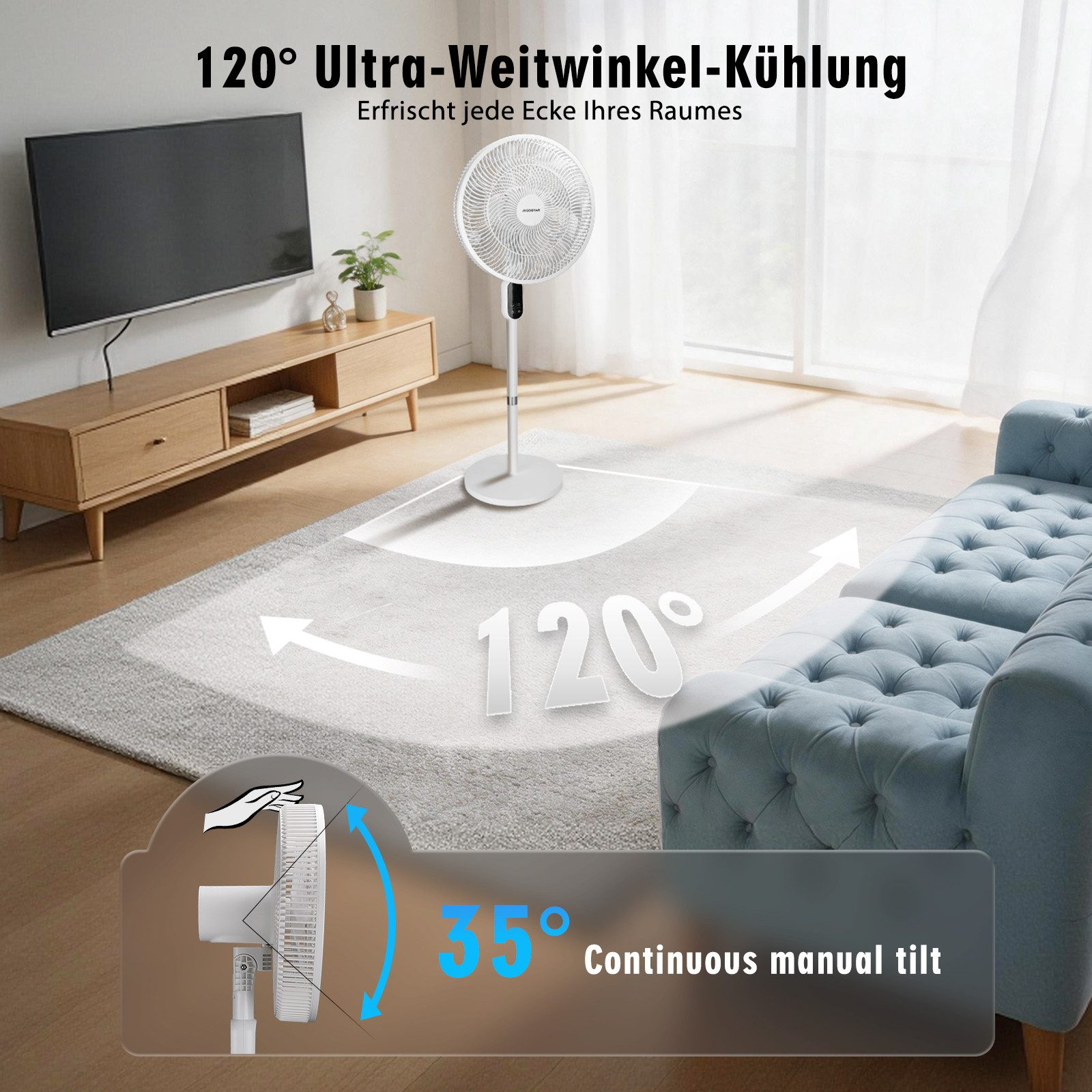 Ein weißer Standventilator kühlt einen Raum mit 120° Weitwinkel und 35° Neigung.