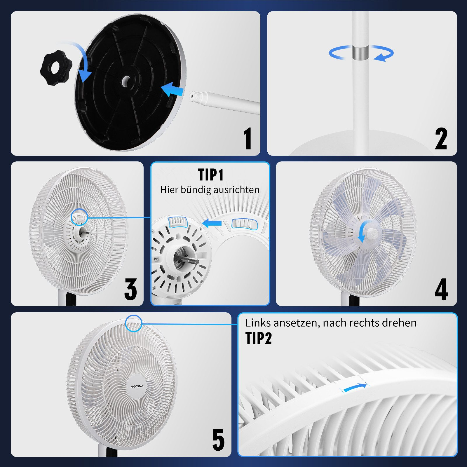 Montageanleitung für einen Ventilator: Basis, Ständer, Kopf und Tipps.
