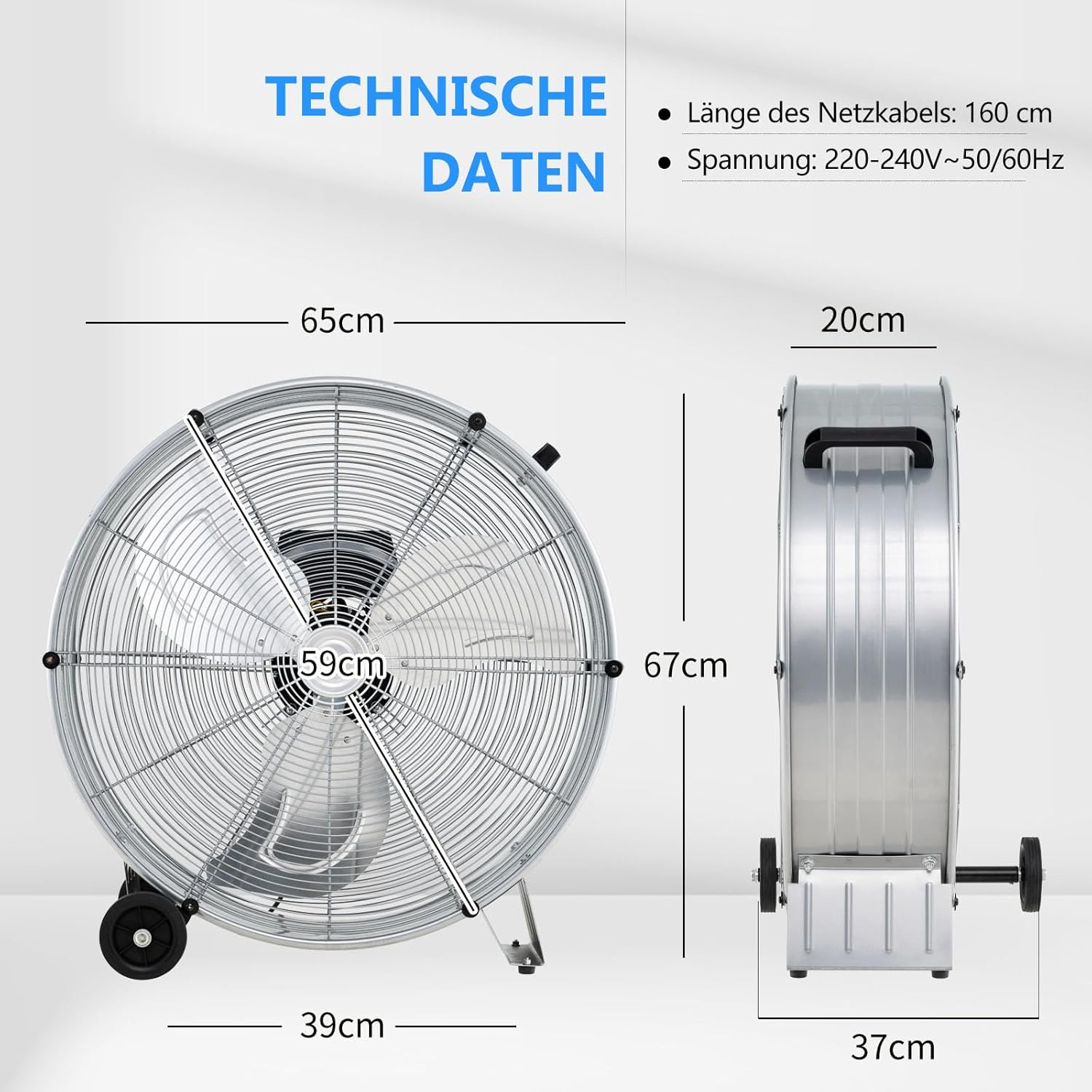 Silberner Industrieventilator mit Maßen: 65 cm Breite, 59 cm Lüfterdurchmesser, 67 cm Höhe.