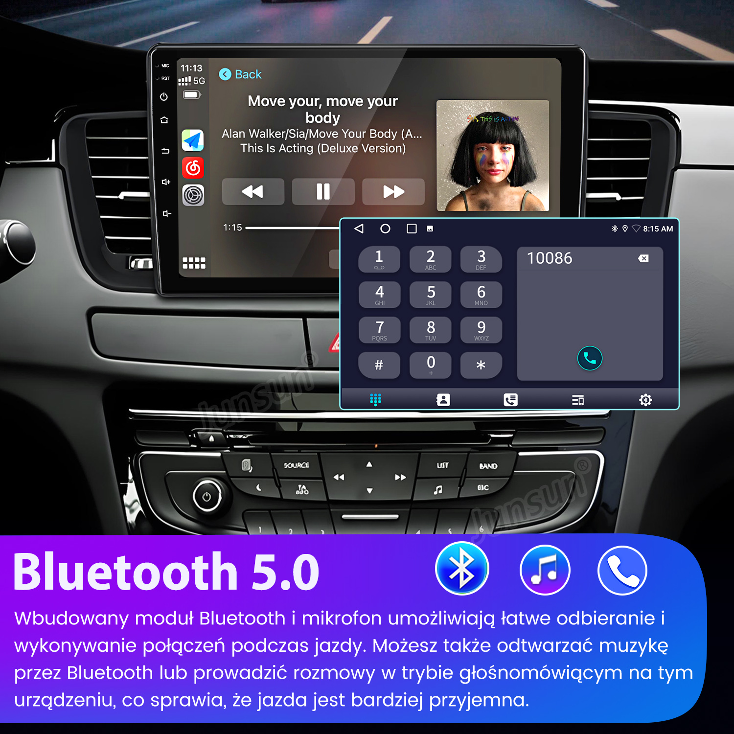Wnętrze samochodu z ekranem dotykowym pokazującym muzykę i aplikację telefonu. Bluetooth 5.0.