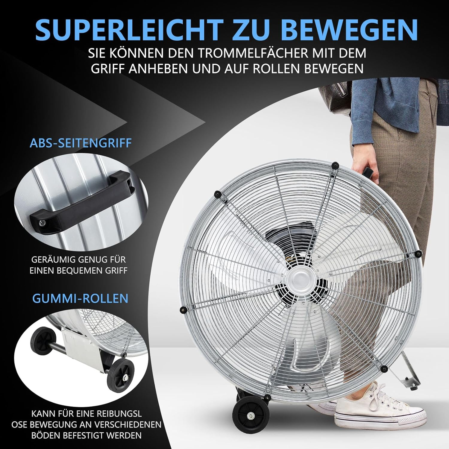 Ein großer Ventilator mit einem seitlichen Griff und Rädern, der leicht zu bewegen ist.